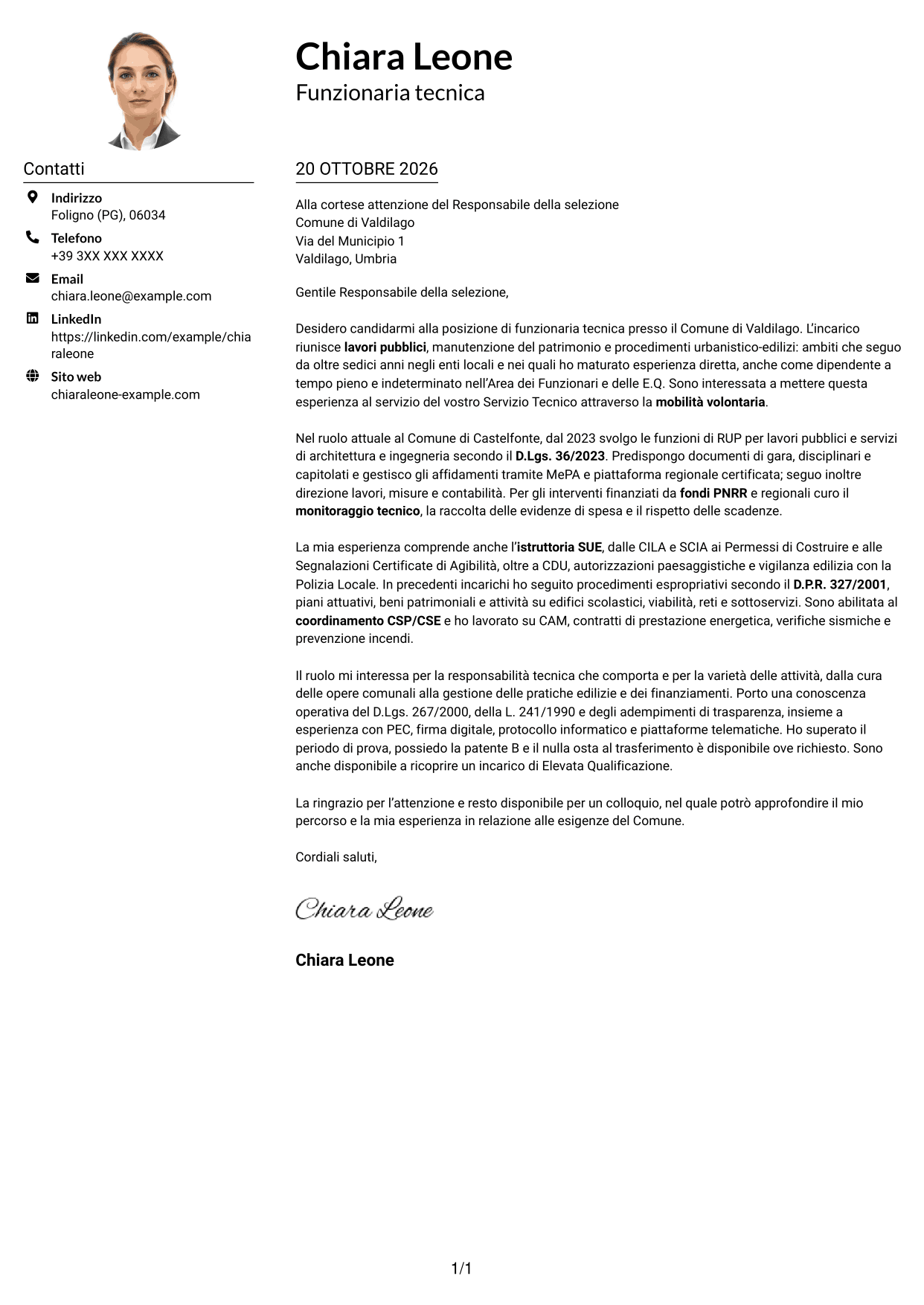Esempio di lettera di presentazione — pagina 1