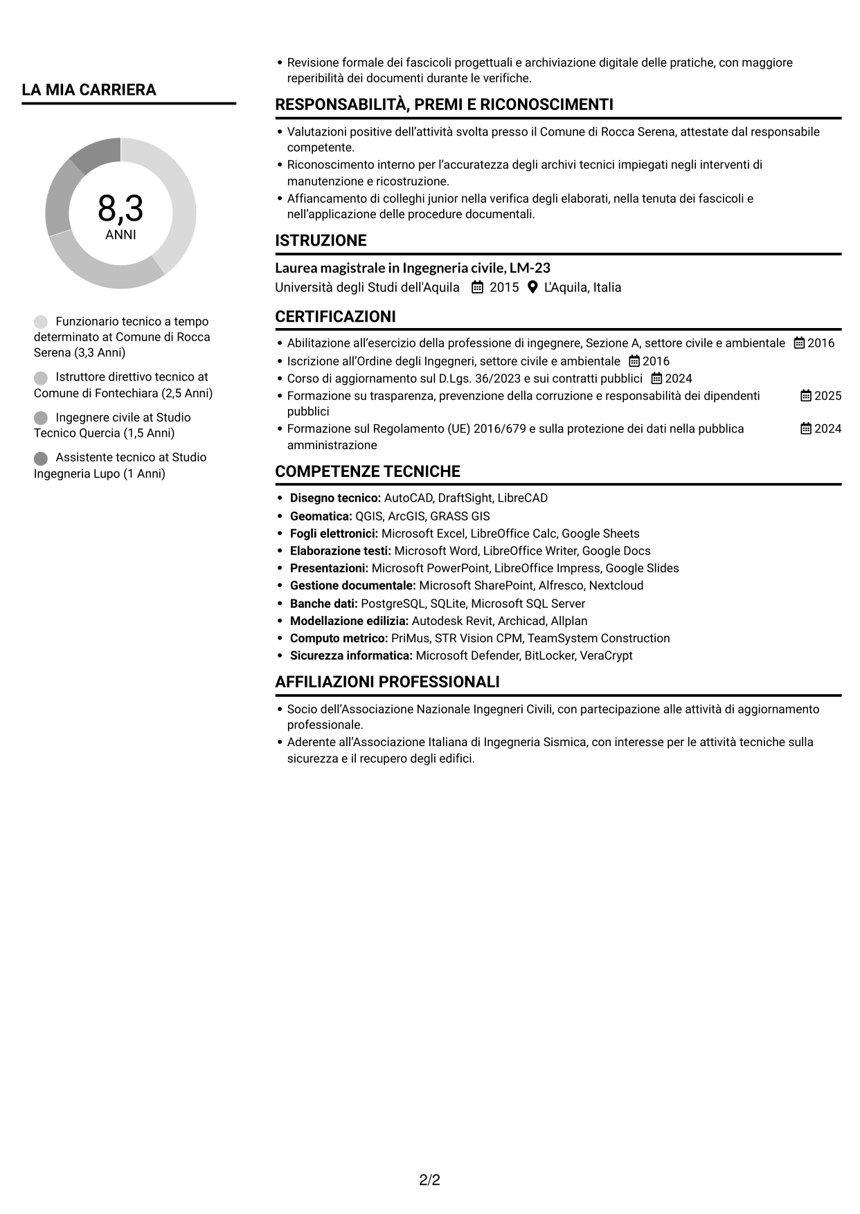 CV Compatto (formato sobrio a due colonne con foto): Funzionario Tecnico - Lavori pubblici post-sisma, pagina 2
