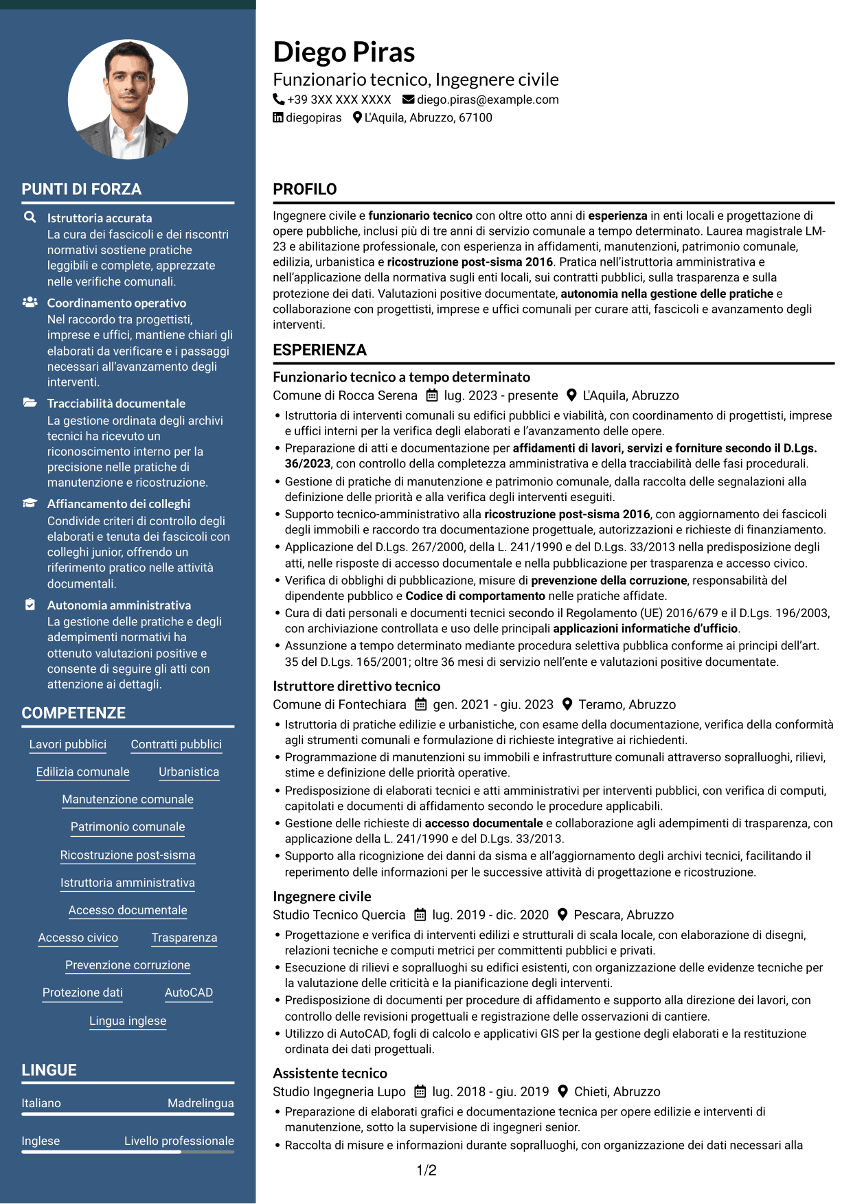 CV Elegante (formato con colonna laterale colorata e foto): Funzionario Tecnico - Lavori pubblici post-sisma, pagina 1