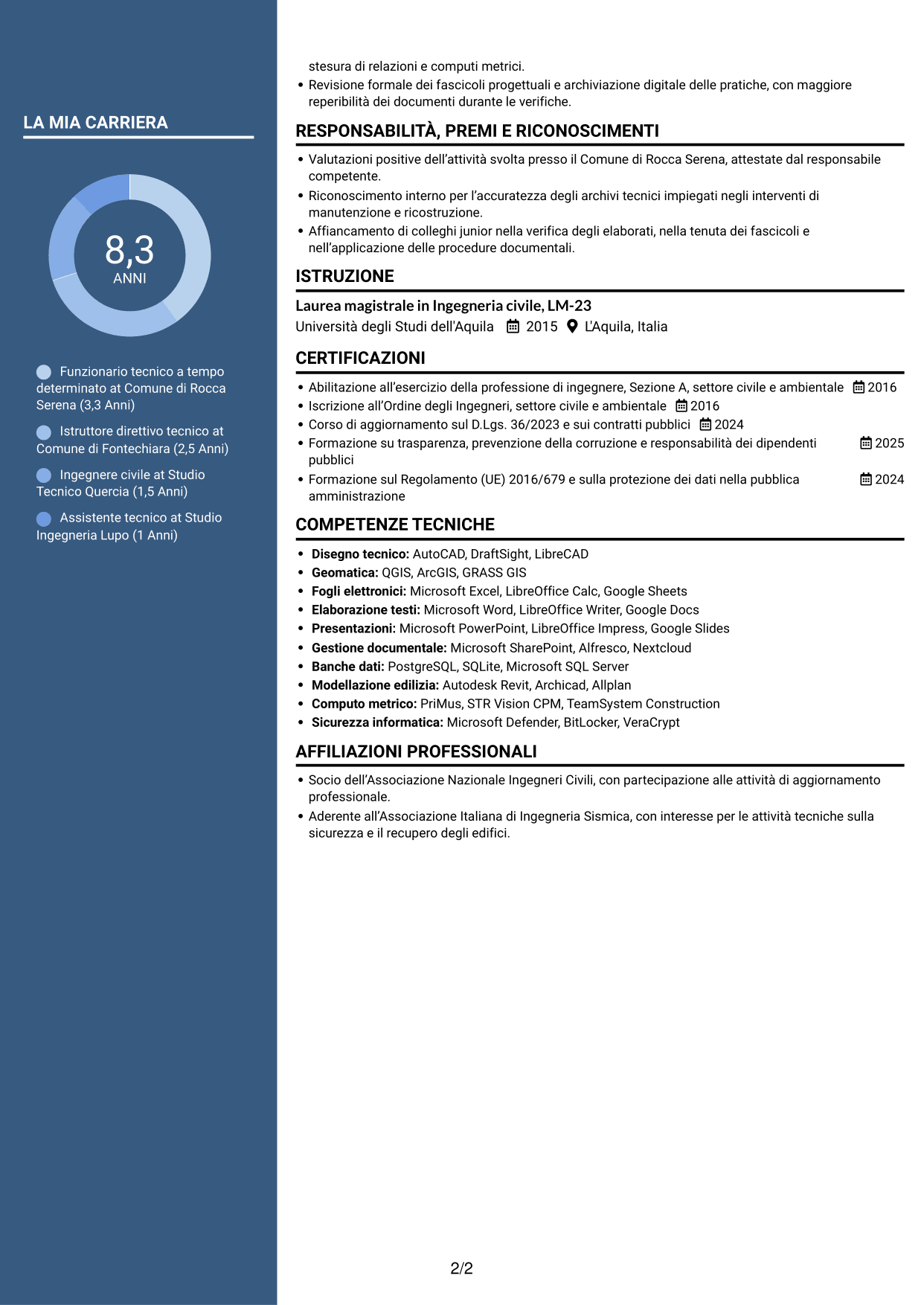 CV Elegante (formato con colonna laterale colorata e foto): Funzionario Tecnico - Lavori pubblici post-sisma, pagina 2