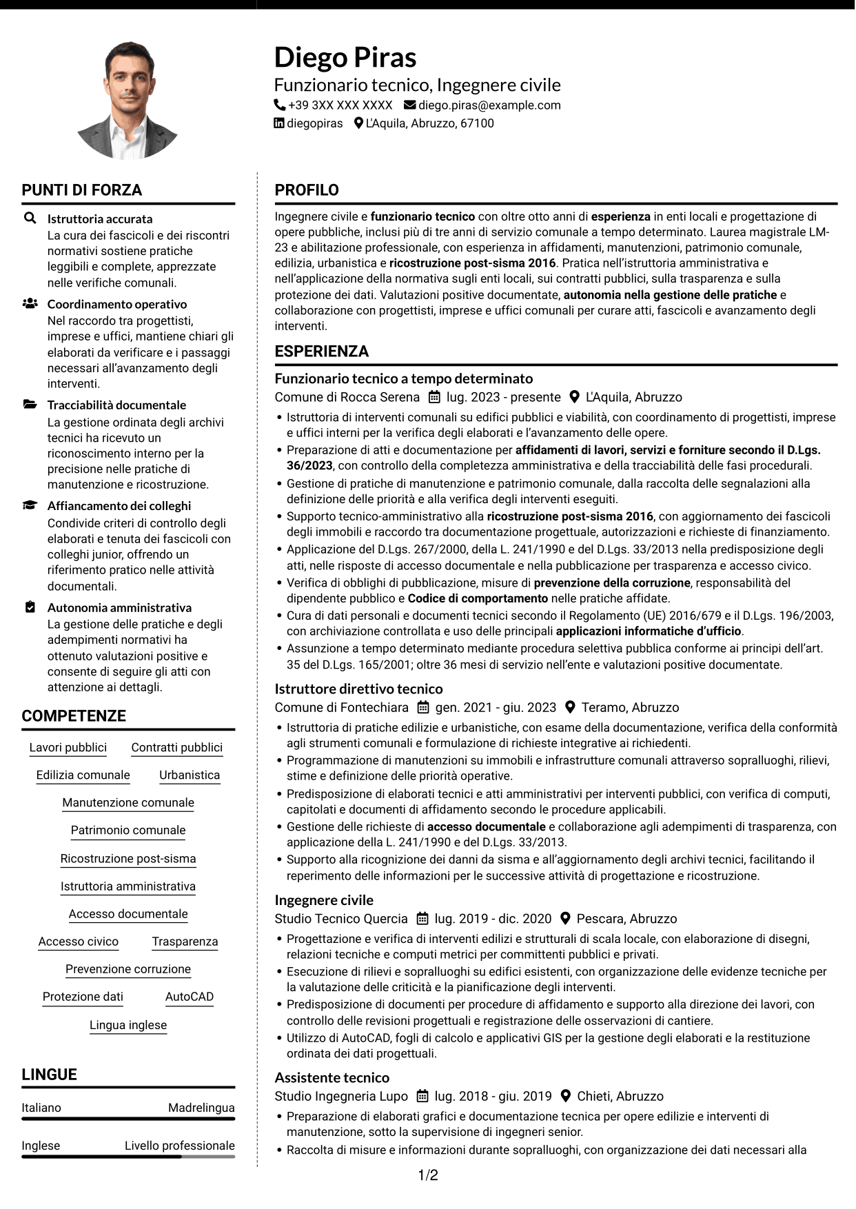 CV Moderno (formato a due colonne con foto a sinistra e separatore): Funzionario Tecnico - Lavori pubblici post-sisma, pagina 1