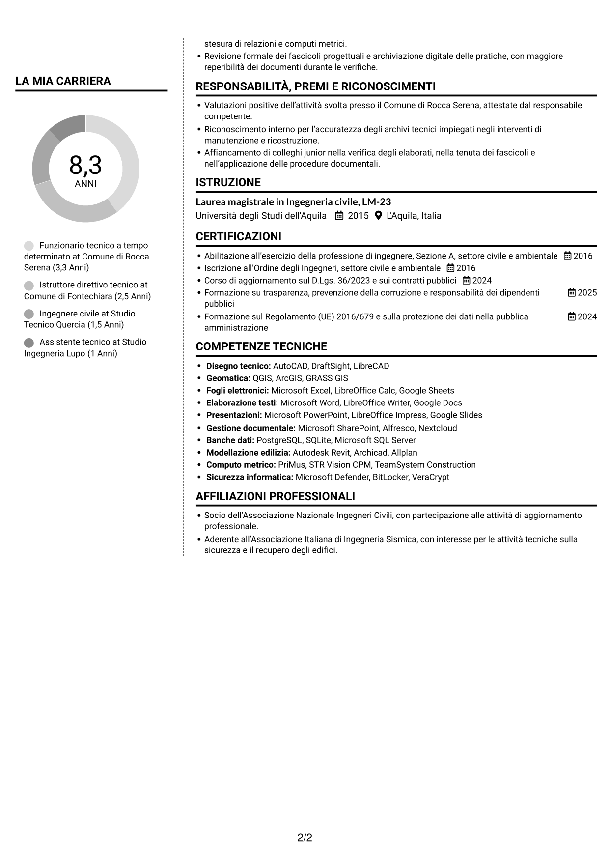 CV Moderno (formato a due colonne con foto a sinistra e separatore): Funzionario Tecnico - Lavori pubblici post-sisma, pagina 2