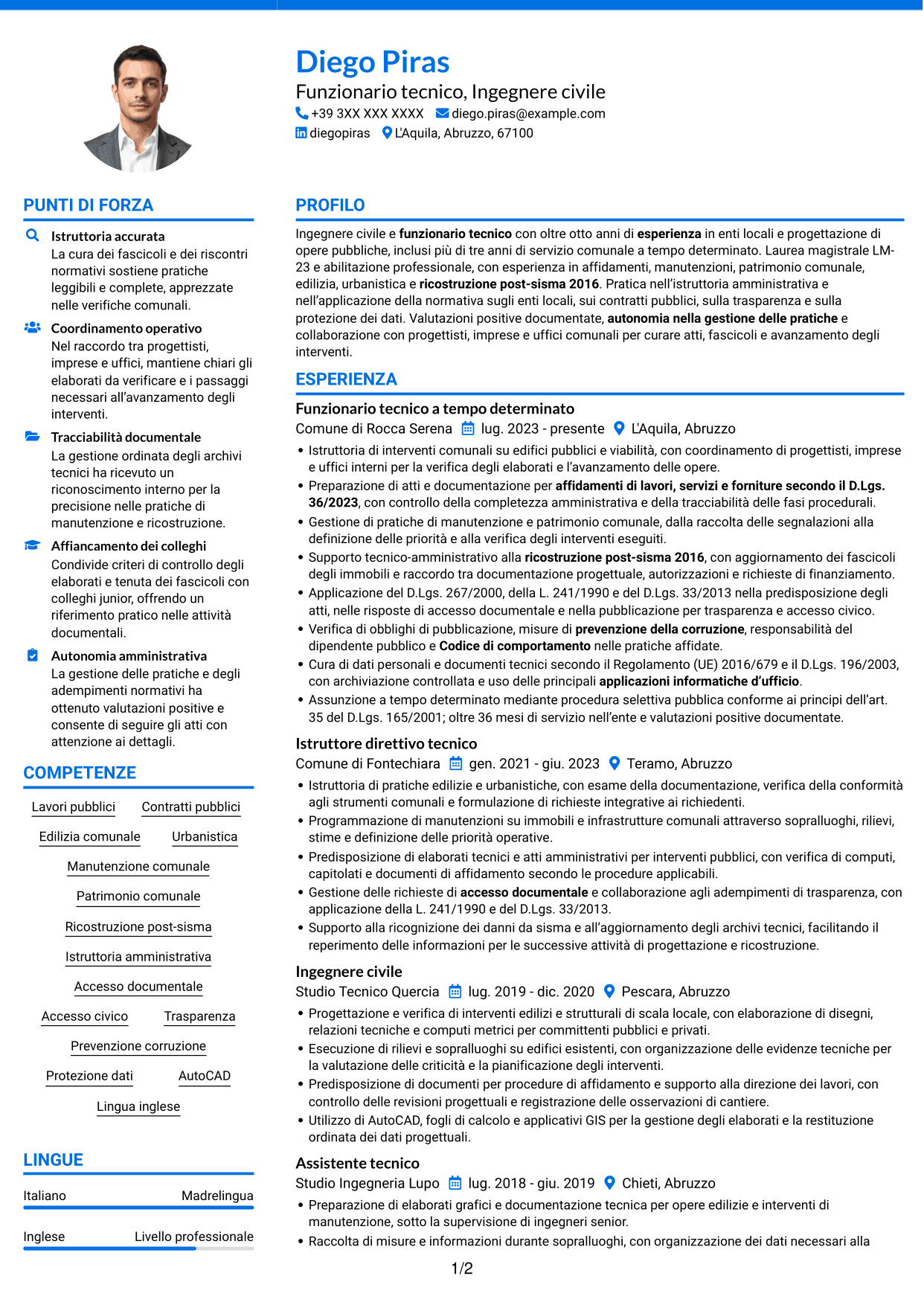 CV Audace (formato a due colonne con accenti colorati e foto): Funzionario Tecnico - Lavori pubblici post-sisma, pagina 1