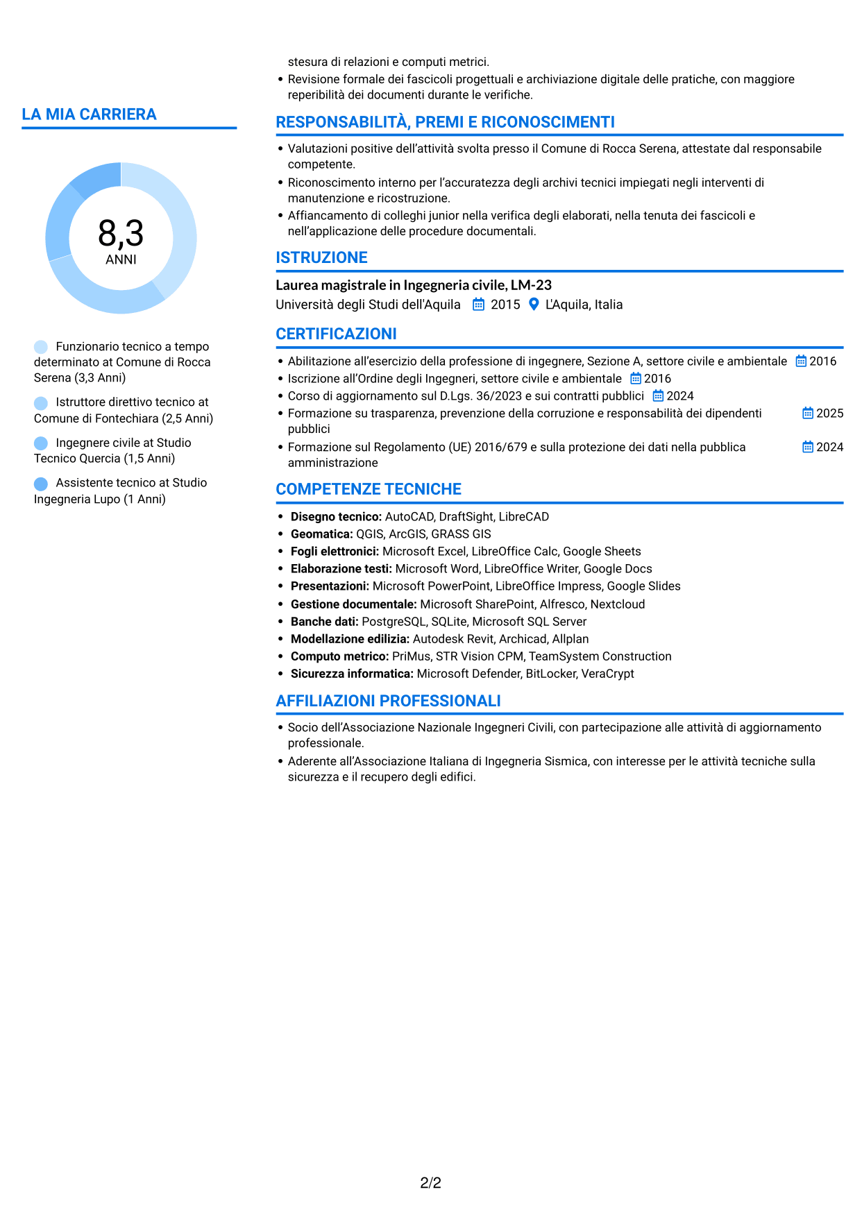 CV Audace (formato a due colonne con accenti colorati e foto): Funzionario Tecnico - Lavori pubblici post-sisma, pagina 2
