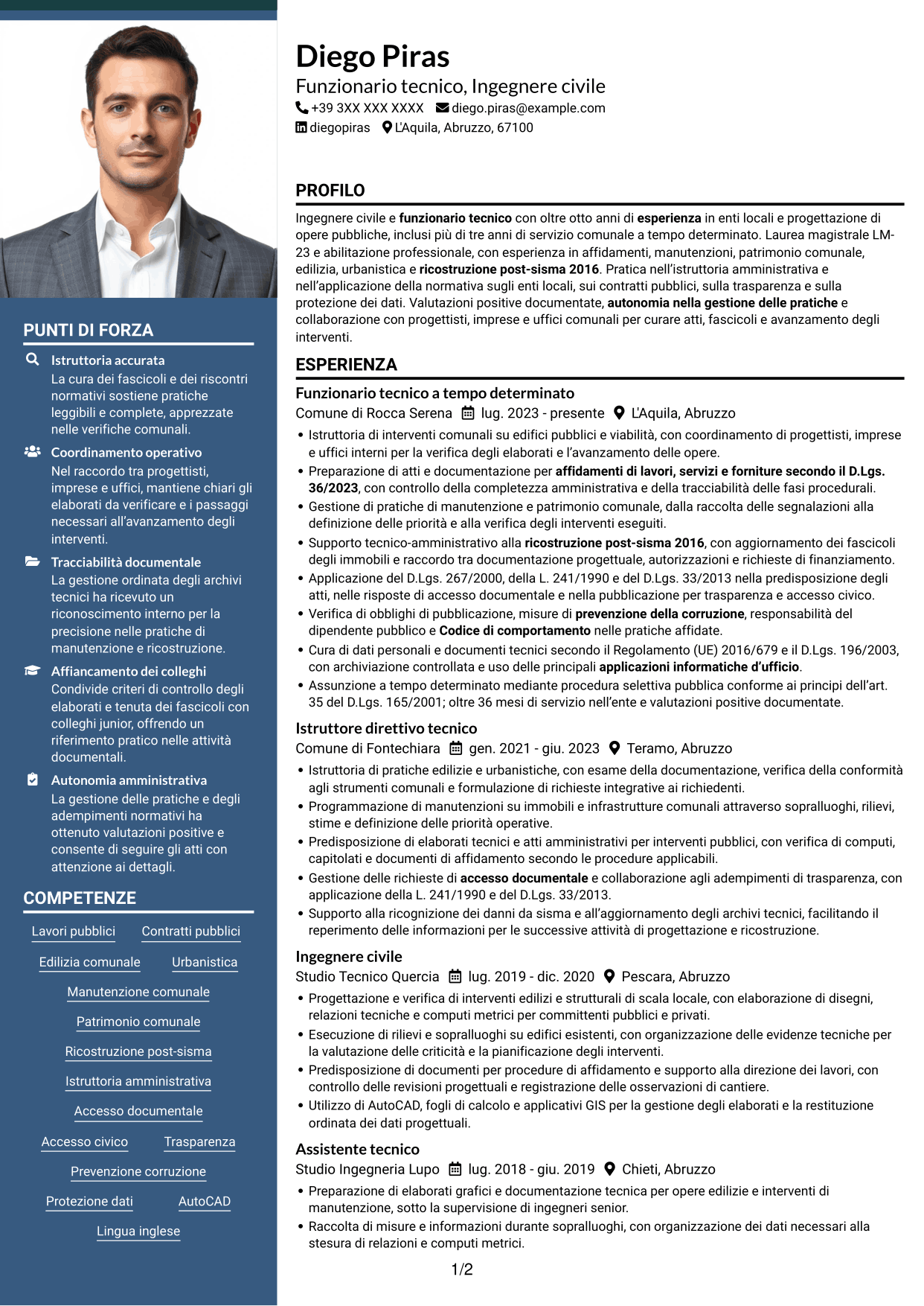 CV Signature (formato con colonna laterale colorata e foto grande): Funzionario Tecnico - Lavori pubblici post-sisma, pagina 1