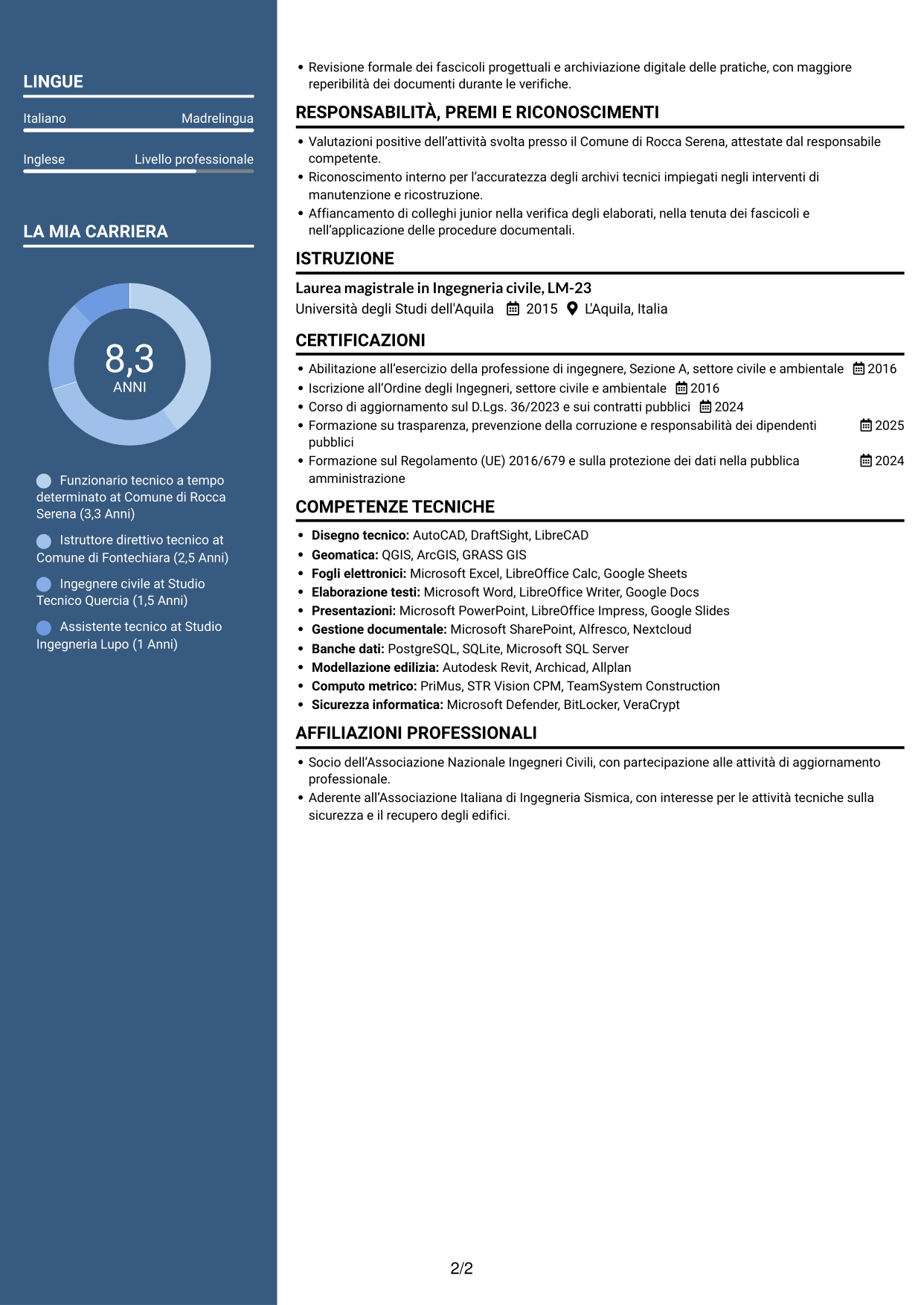 CV Signature (formato con colonna laterale colorata e foto grande): Funzionario Tecnico - Lavori pubblici post-sisma, pagina 2