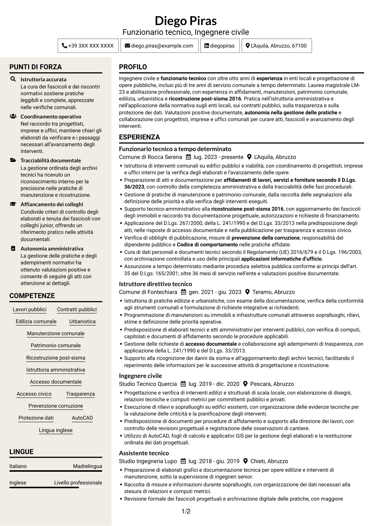 CV Intraprendente (formato a due colonne con intestazione centrata senza foto): Funzionario Tecnico - Lavori pubblici post-sisma, pagina 1