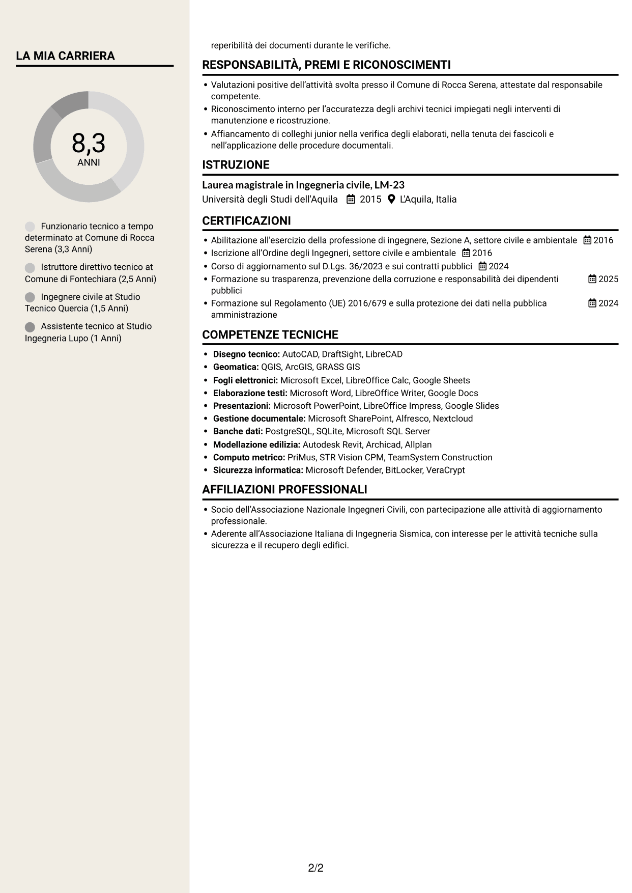 CV Intraprendente (formato a due colonne con intestazione centrata senza foto): Funzionario Tecnico - Lavori pubblici post-sisma, pagina 2