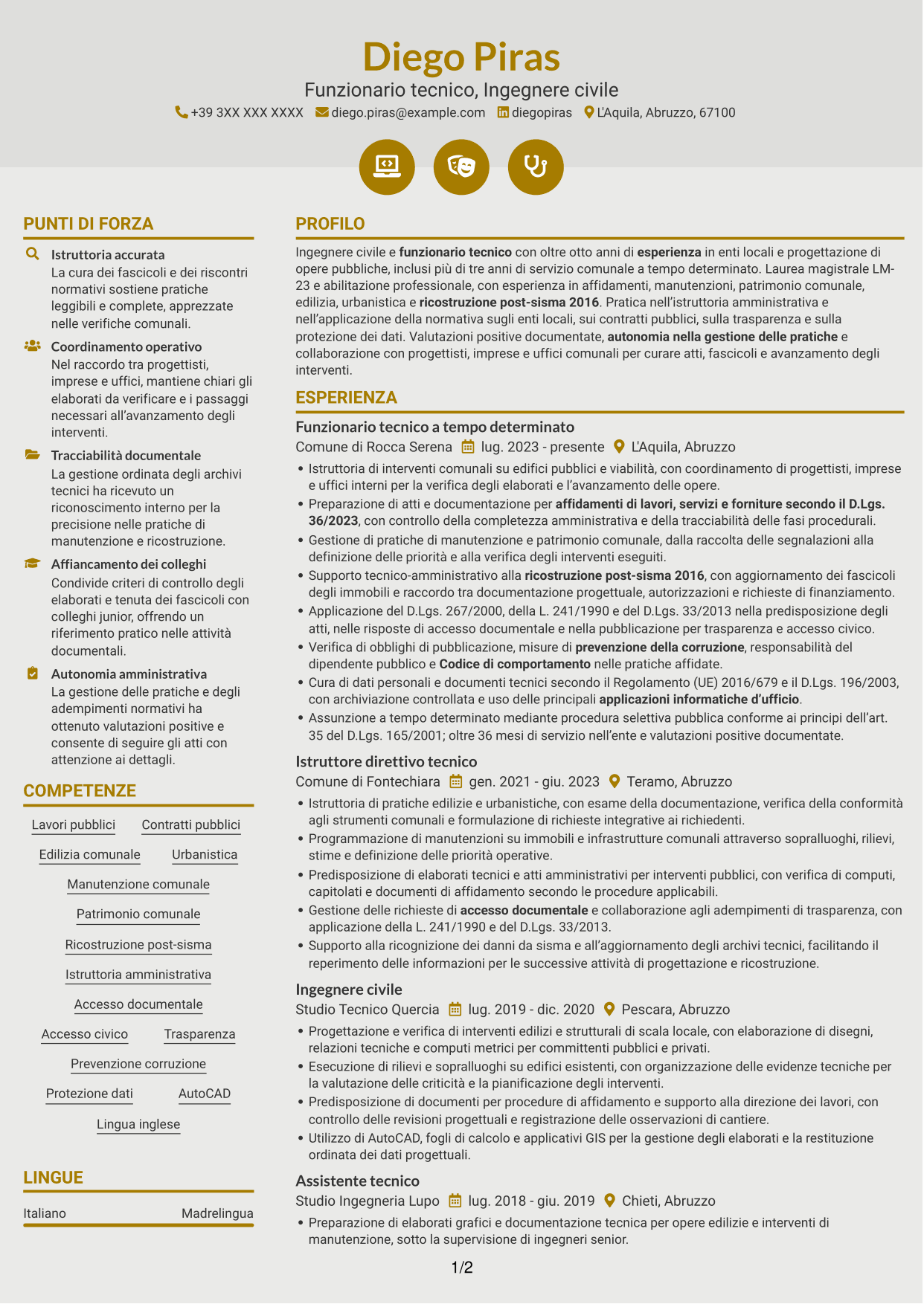CV Dinamico (formato a due colonne con icone): Funzionario Tecnico - Lavori pubblici post-sisma, pagina 1
