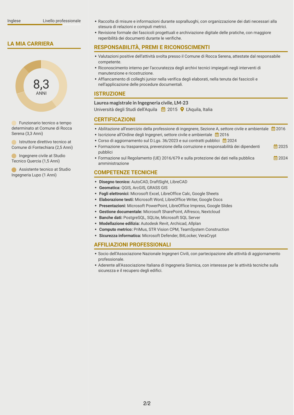 CV Dinamico (formato a due colonne con icone): Funzionario Tecnico - Lavori pubblici post-sisma, pagina 2