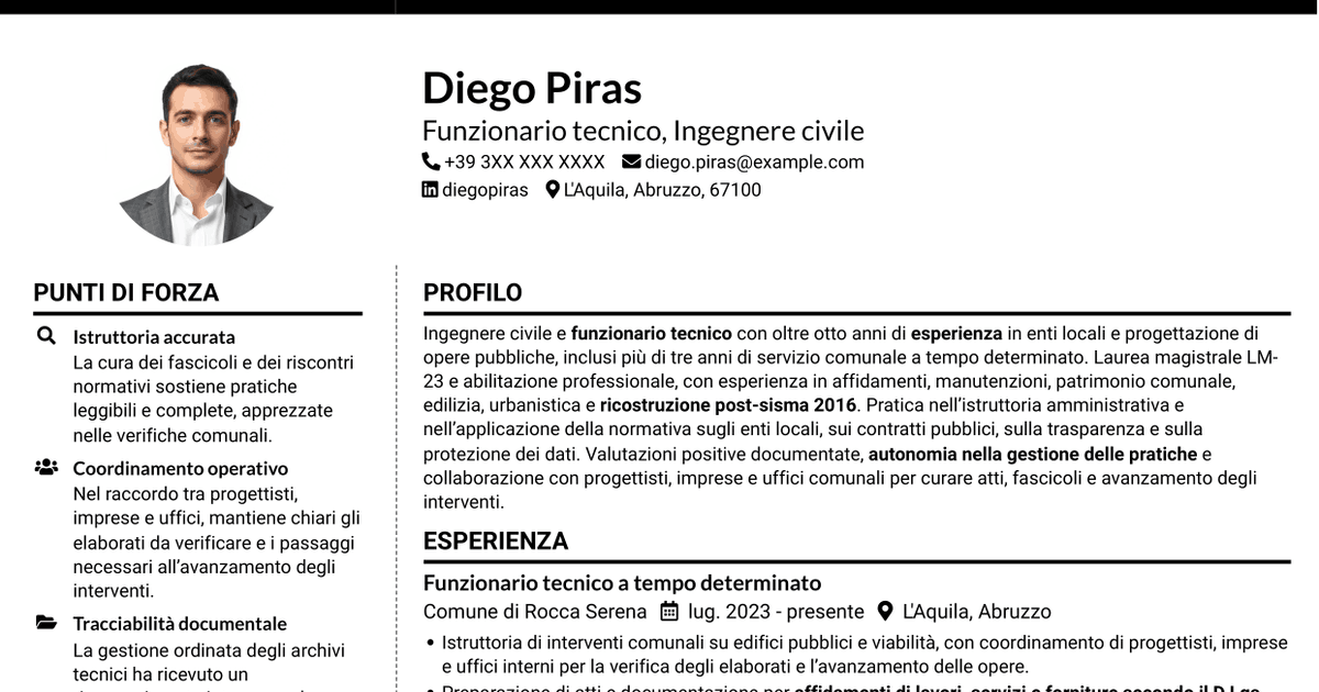 7 modelli di CV per Funzionario Tecnico - Lavori pubblici post-sisma, con esempi