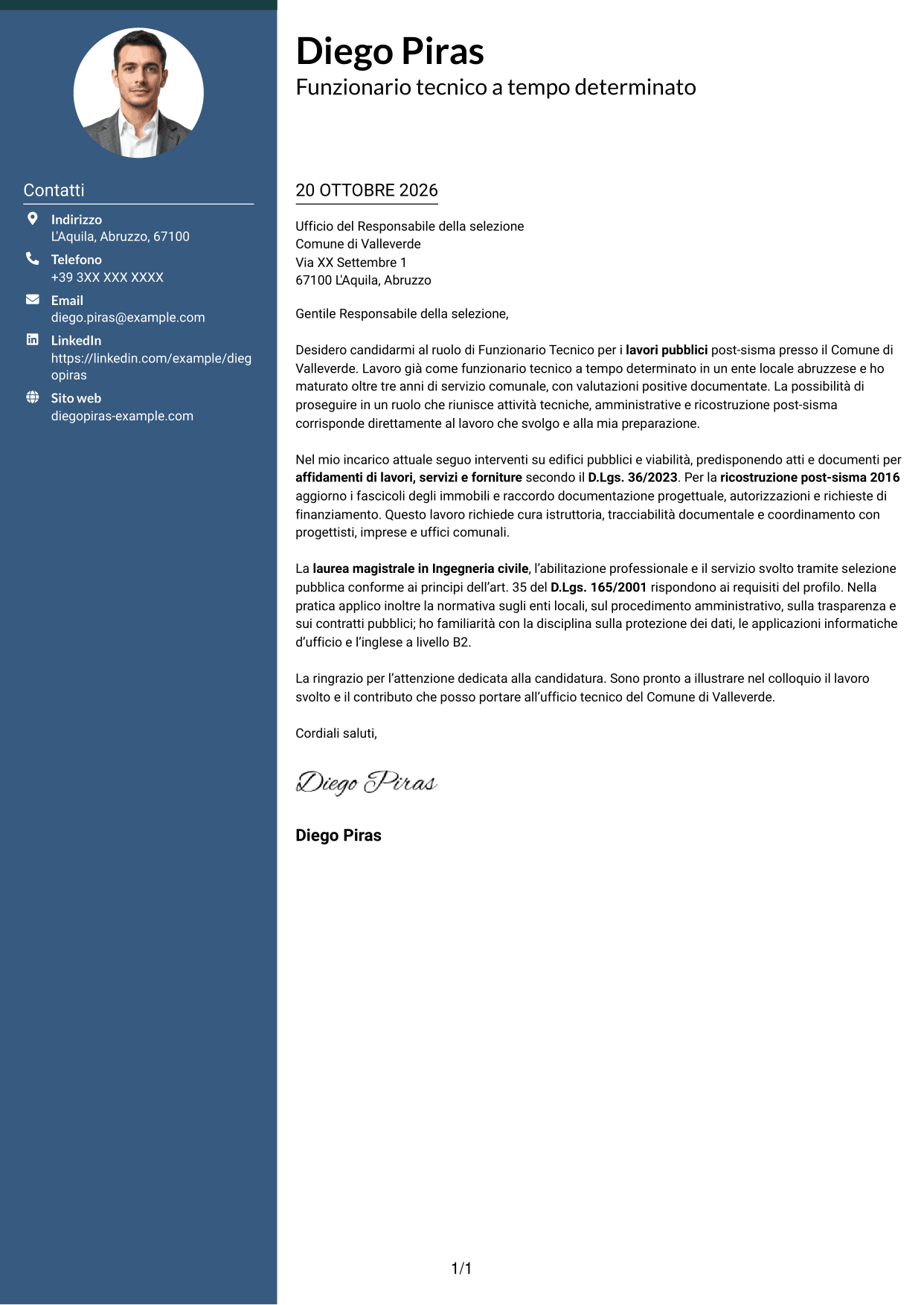 Lettera di presentazione Elegante (formato con colonna laterale colorata e foto): Funzionario Tecnico - Lavori pubblici post-sisma, pagina 1