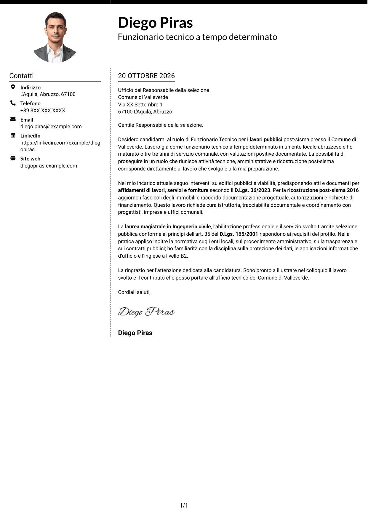 Lettera di presentazione Moderno (formato a due colonne con foto a sinistra e separatore): Funzionario Tecnico - Lavori pubblici post-sisma, pagina 1