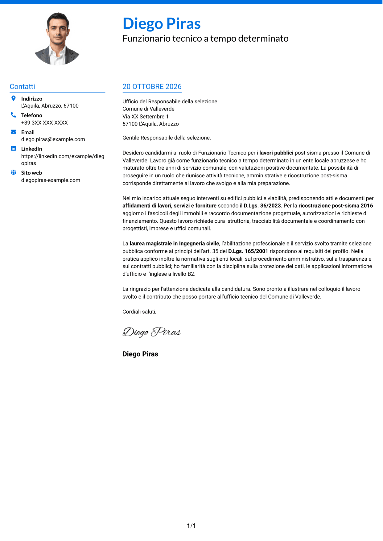 Lettera di presentazione Audace (formato a due colonne con accenti colorati e foto): Funzionario Tecnico - Lavori pubblici post-sisma, pagina 1