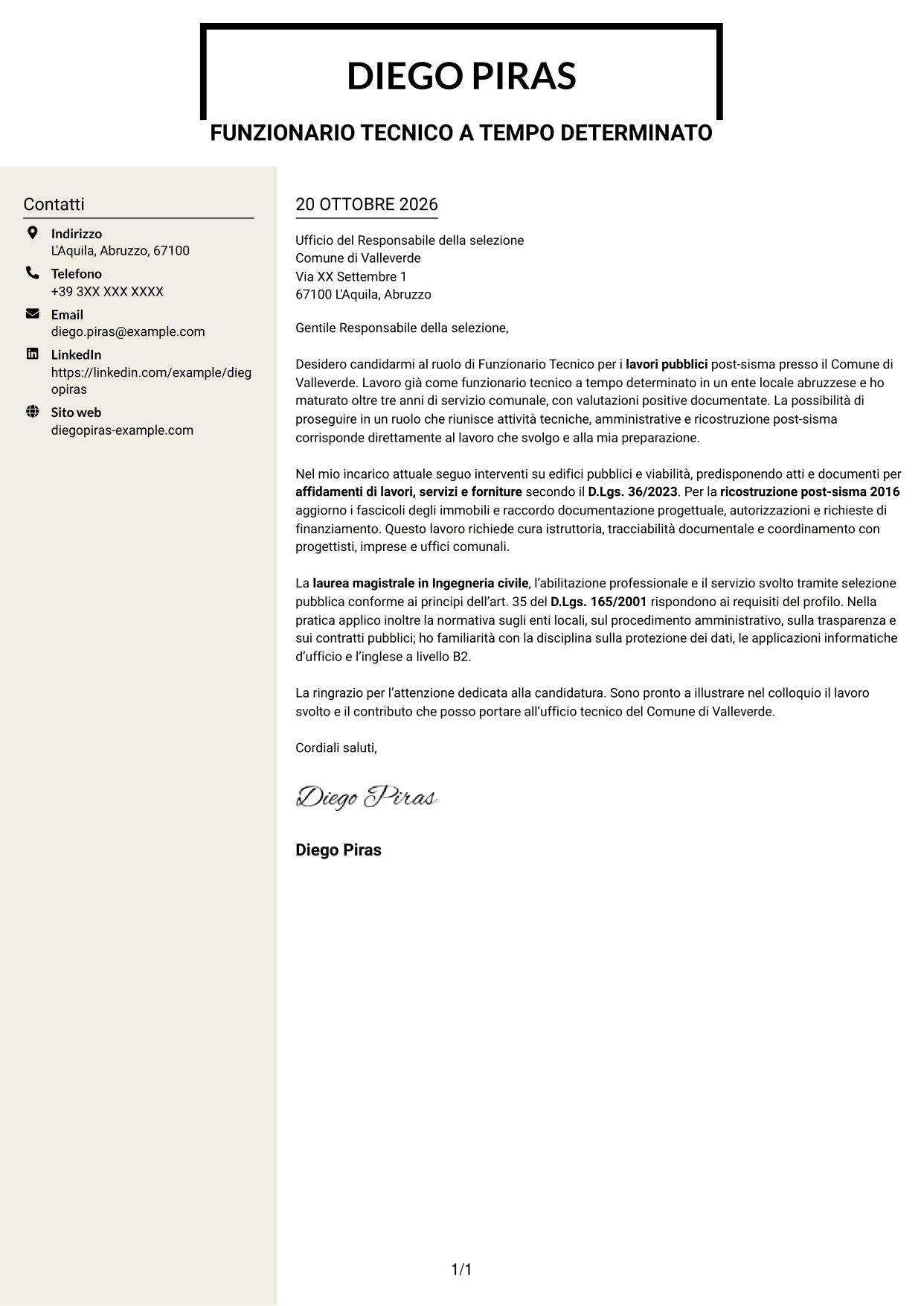 Lettera di presentazione Intraprendente (formato a due colonne con intestazione centrata senza foto): Funzionario Tecnico - Lavori pubblici post-sisma, pagina 1