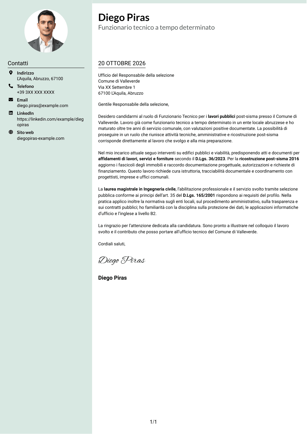 Lettera di presentazione Dirigente (formato con colonna laterale tenue e foto arrotondata): Funzionario Tecnico - Lavori pubblici post-sisma, pagina 1
