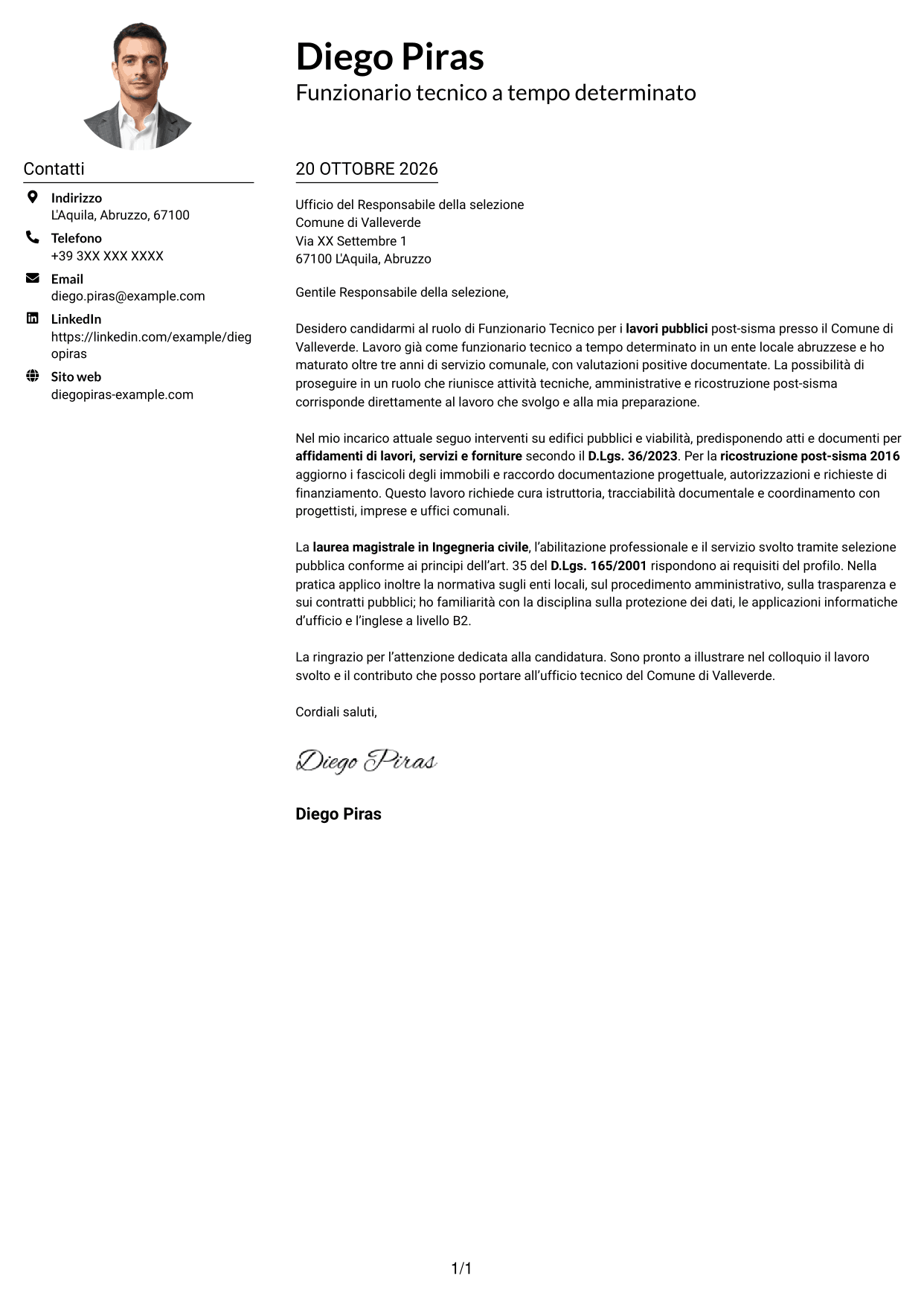 Esempio di lettera di presentazione — pagina 1