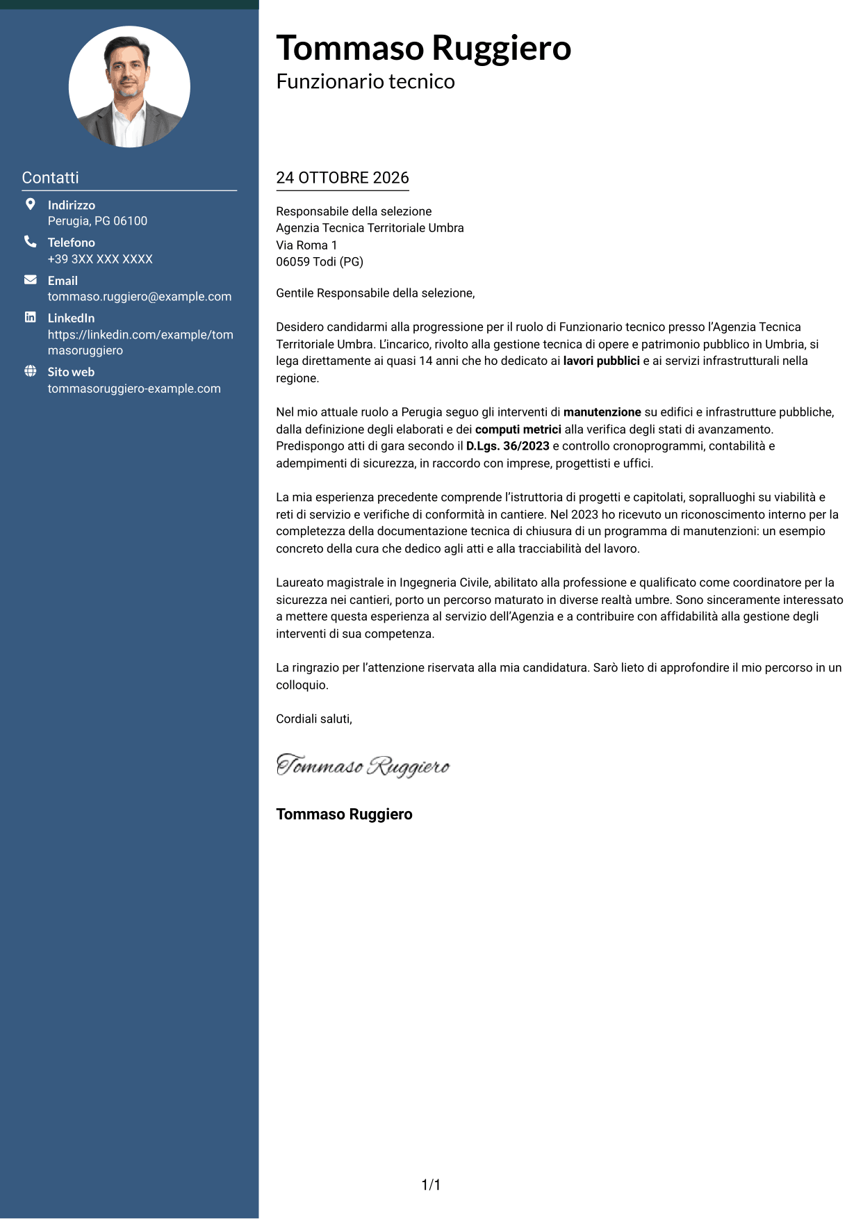 Lettera di presentazione Elegante (formato con colonna laterale colorata e foto): Funzionario Tecnico, pagina 1