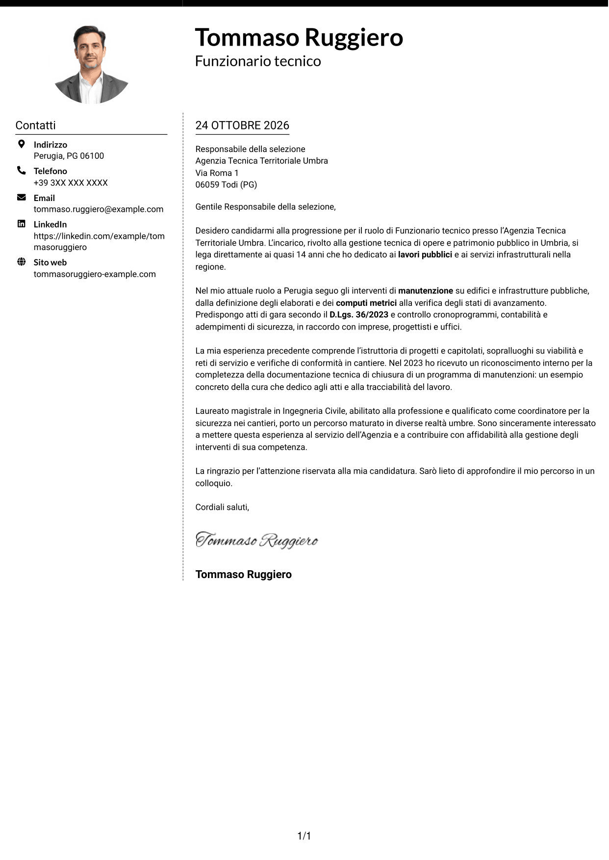 Lettera di presentazione Moderno (formato a due colonne con foto a sinistra e separatore): Funzionario Tecnico, pagina 1
