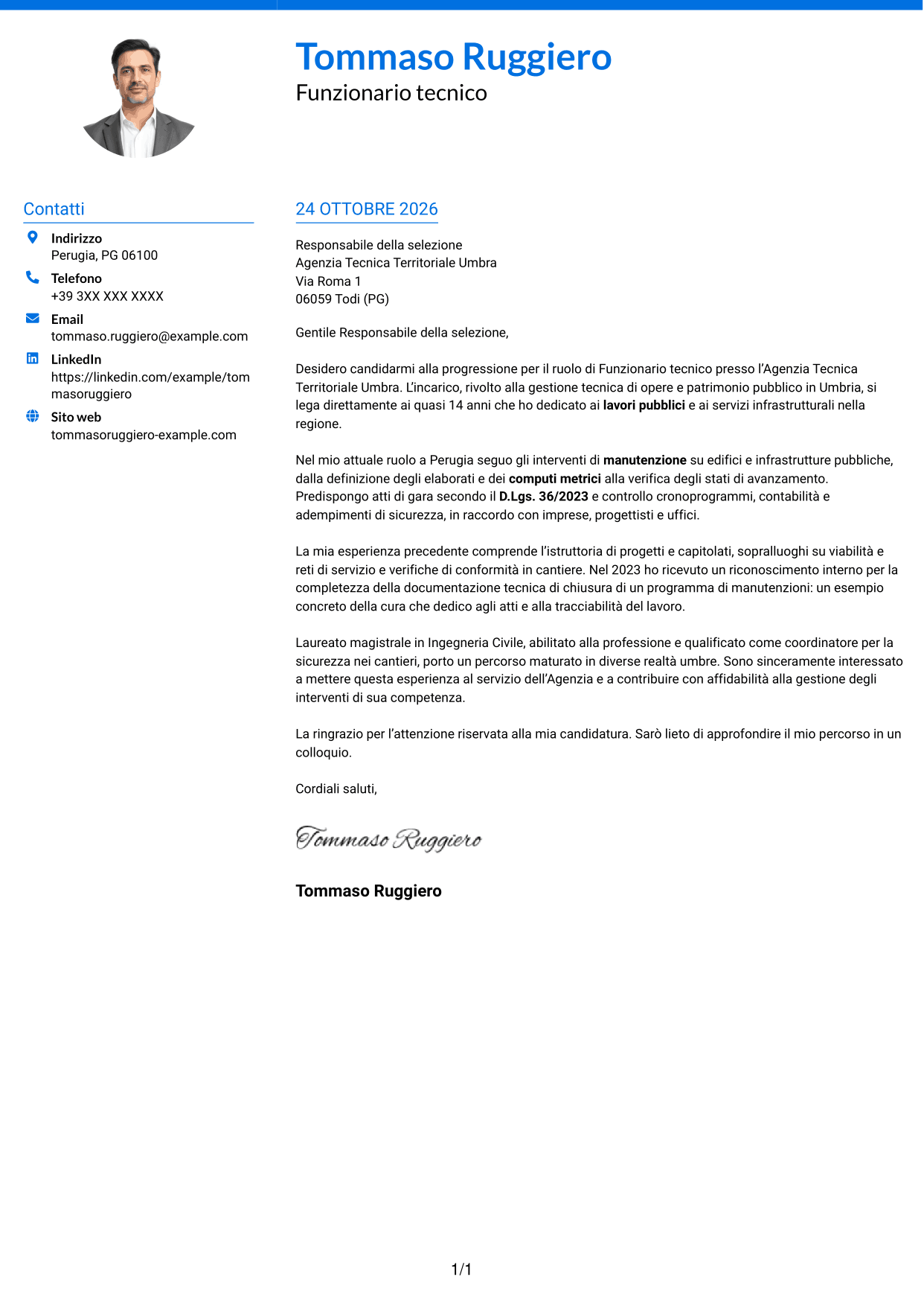 Lettera di presentazione Audace (formato a due colonne con accenti colorati e foto): Funzionario Tecnico, pagina 1
