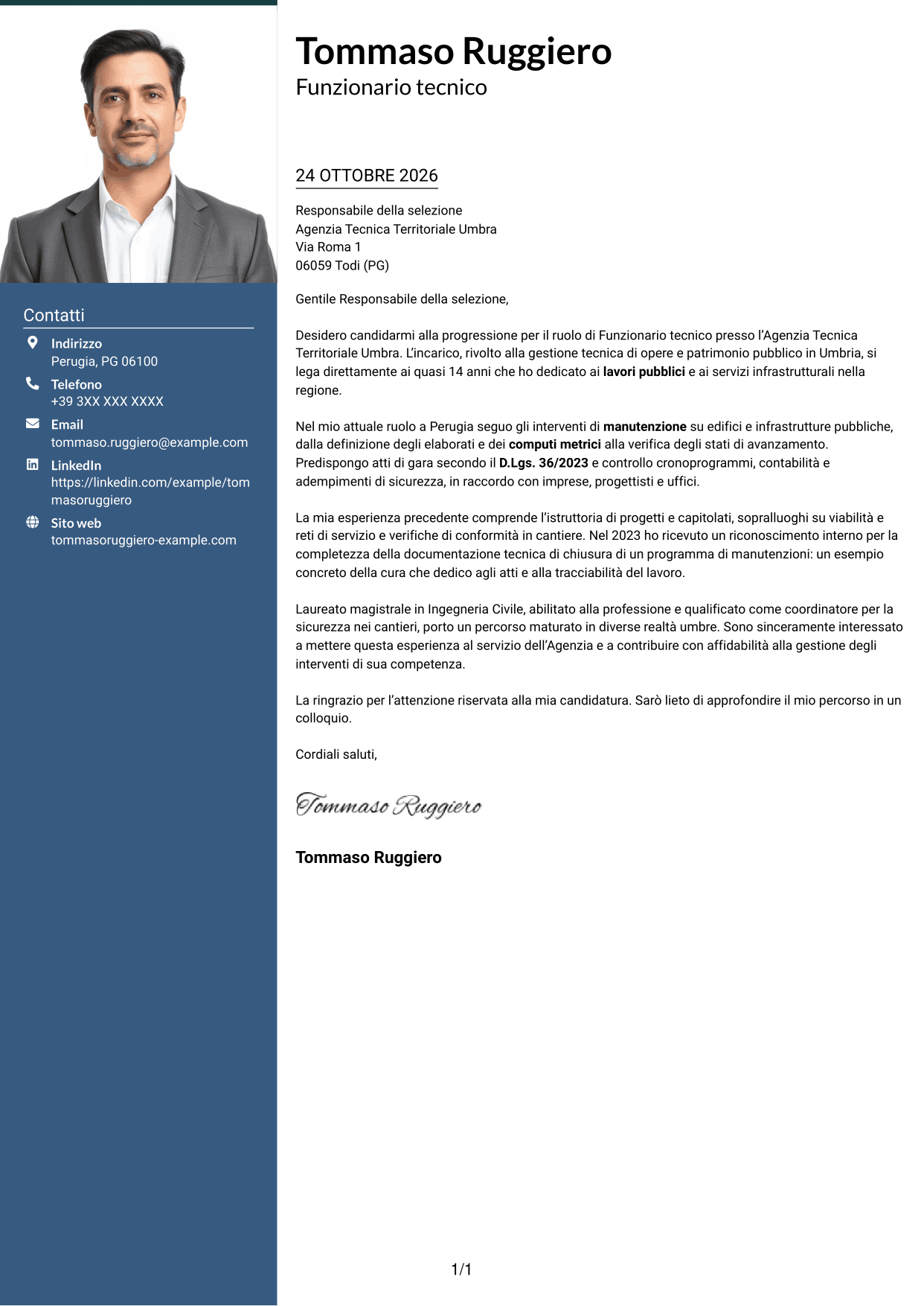 Lettera di presentazione Signature (formato con colonna laterale colorata e foto grande): Funzionario Tecnico, pagina 1