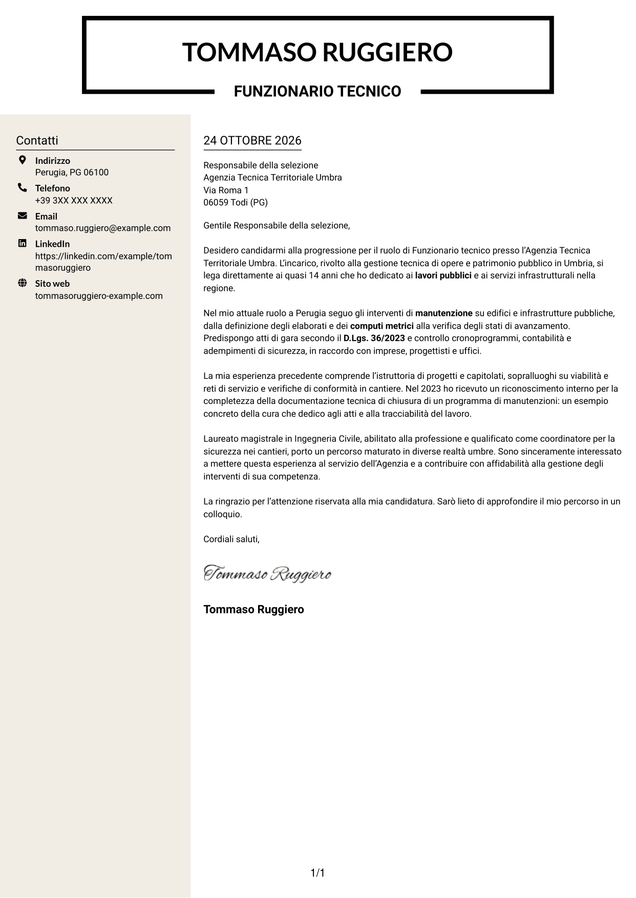 Lettera di presentazione Intraprendente (formato a due colonne con intestazione centrata senza foto): Funzionario Tecnico, pagina 1