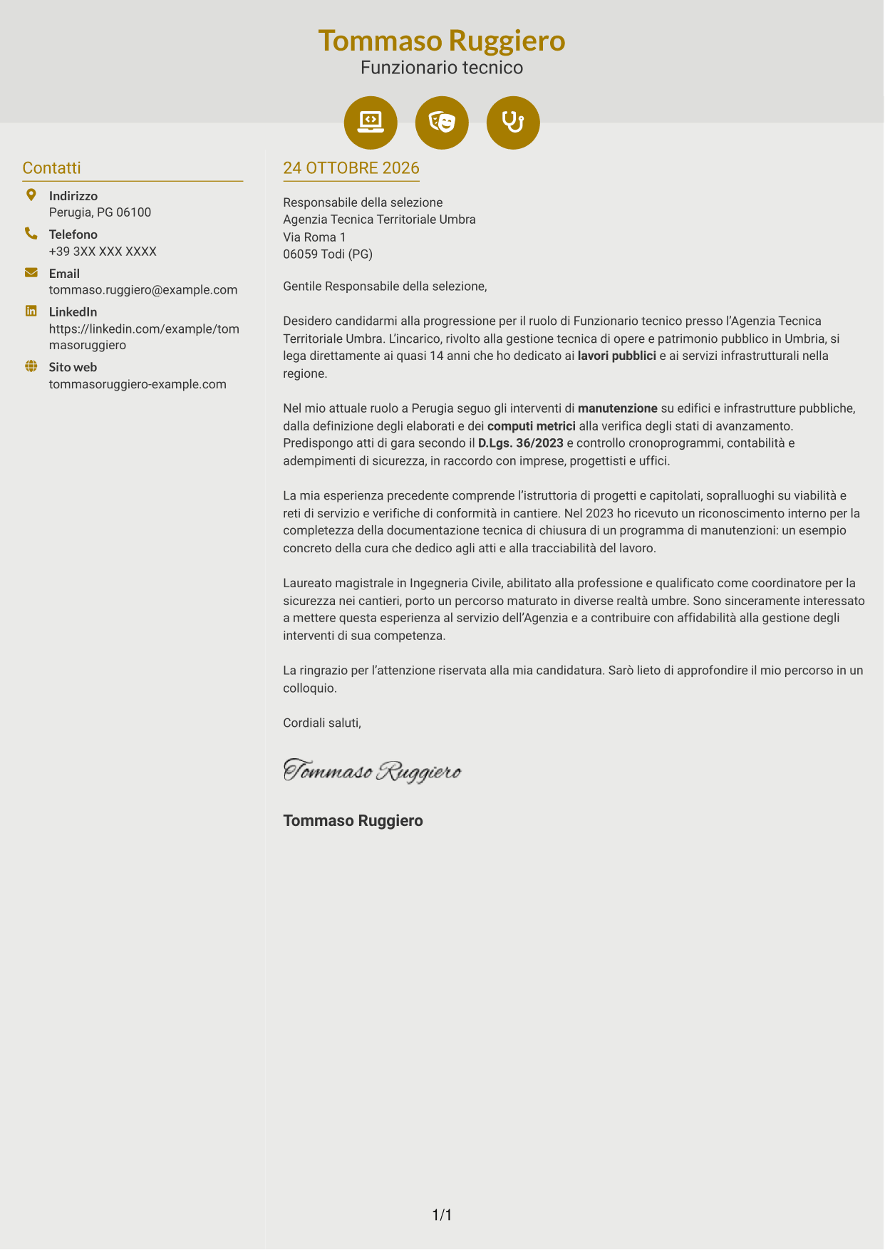 Lettera di presentazione Dinamico (formato a due colonne con icone): Funzionario Tecnico, pagina 1