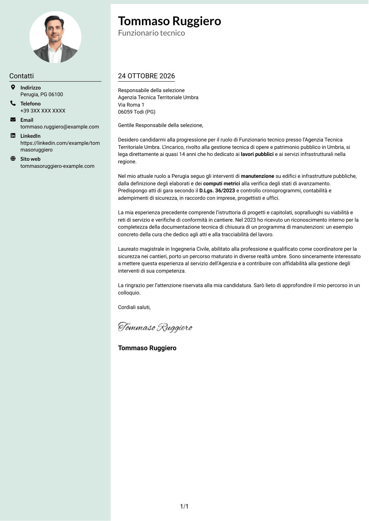 Lettera di presentazione Dirigente (formato con colonna laterale tenue e foto arrotondata): Funzionario Tecnico, pagina 1