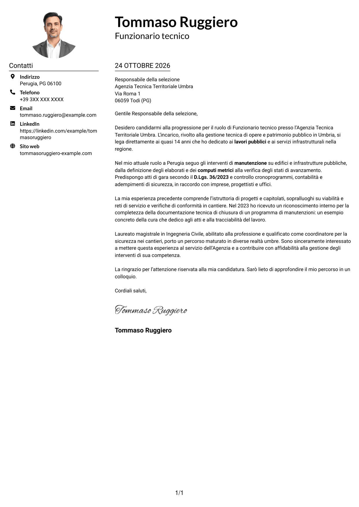 Esempio di lettera di presentazione — pagina 1