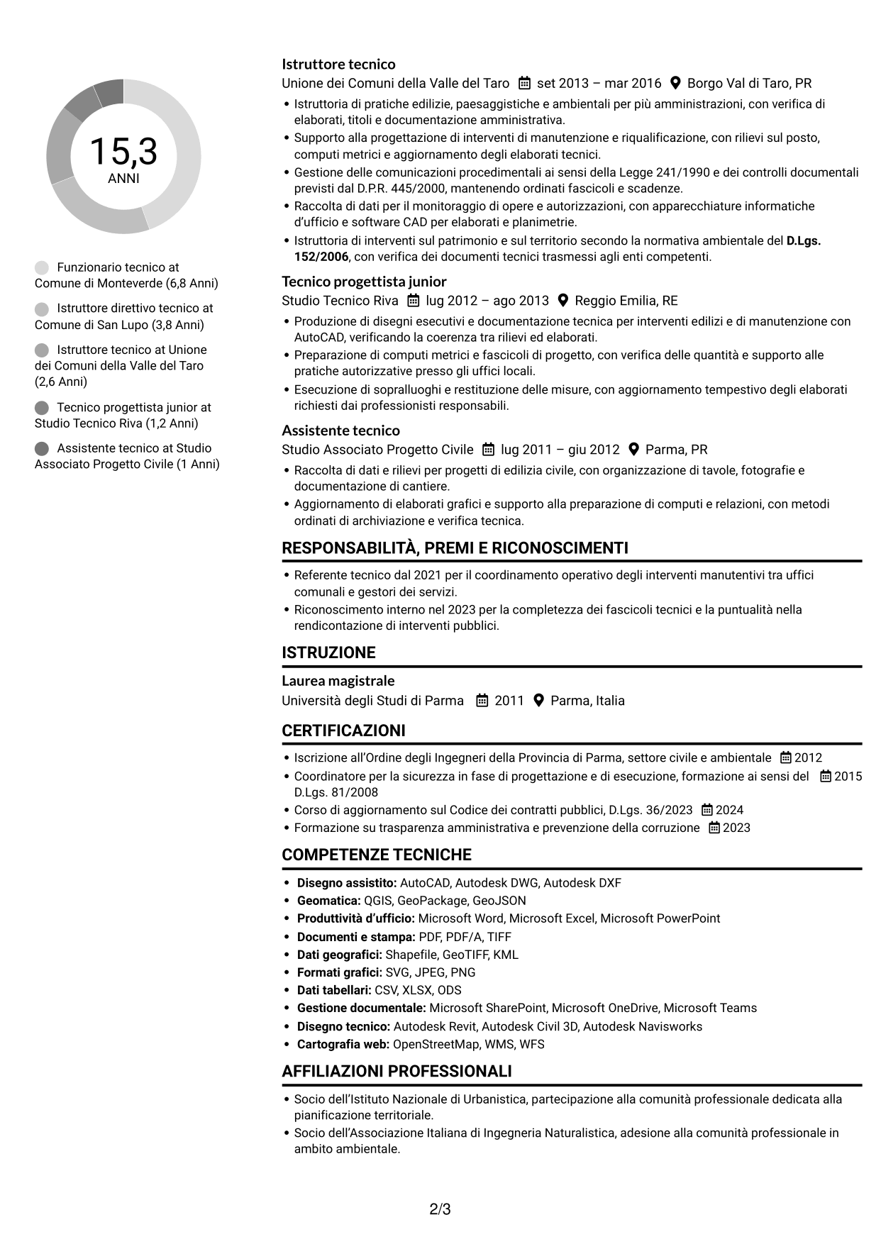 CV Compatto (formato sobrio a due colonne con foto): Funzionario tecnico - Opere pubbliche e urbanistica, pagina 2
