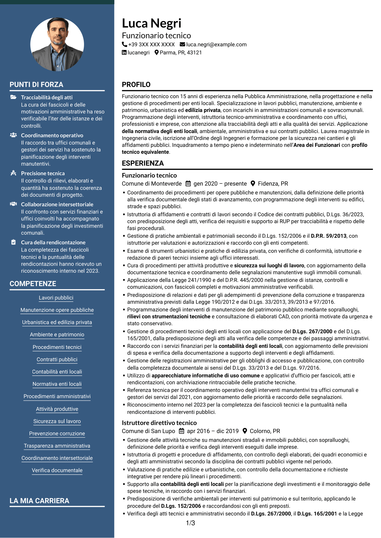 CV Elegante (formato con colonna laterale colorata e foto): Funzionario tecnico - Opere pubbliche e urbanistica, pagina 1