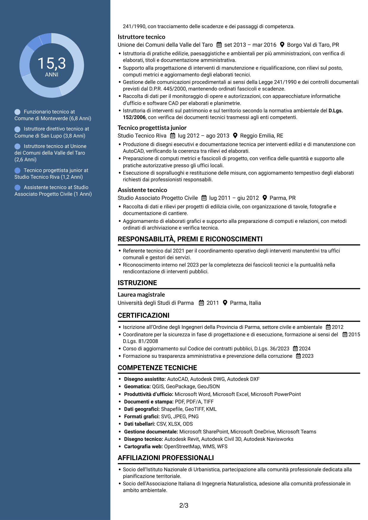 CV Elegante (formato con colonna laterale colorata e foto): Funzionario tecnico - Opere pubbliche e urbanistica, pagina 2