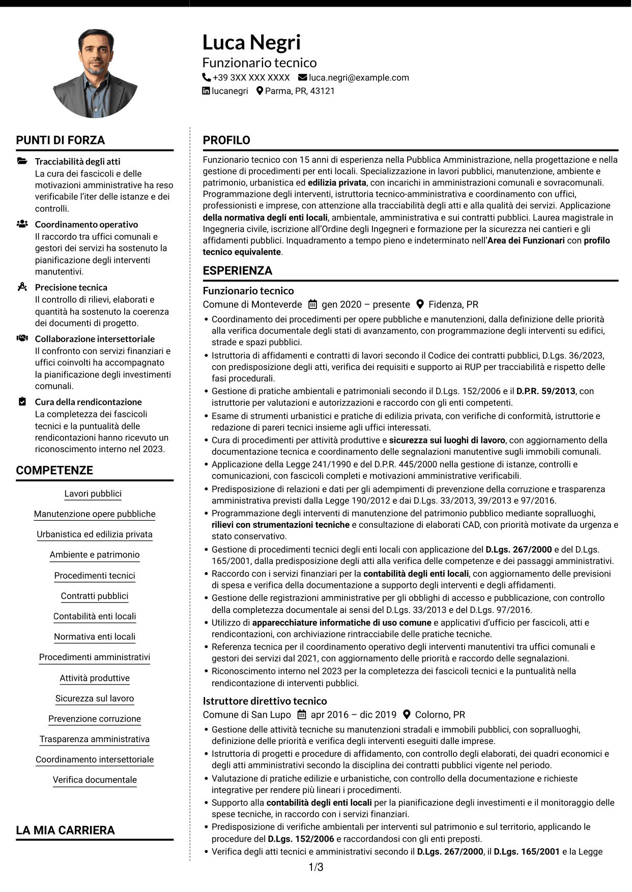 CV Moderno (formato a due colonne con foto a sinistra e separatore): Funzionario tecnico - Opere pubbliche e urbanistica, pagina 1