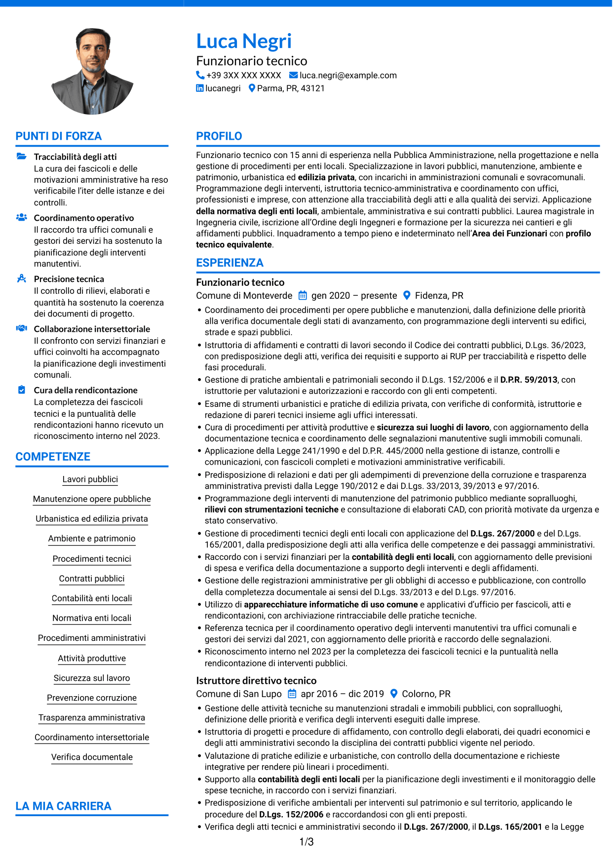 CV Audace (formato a due colonne con accenti colorati e foto): Funzionario tecnico - Opere pubbliche e urbanistica, pagina 1