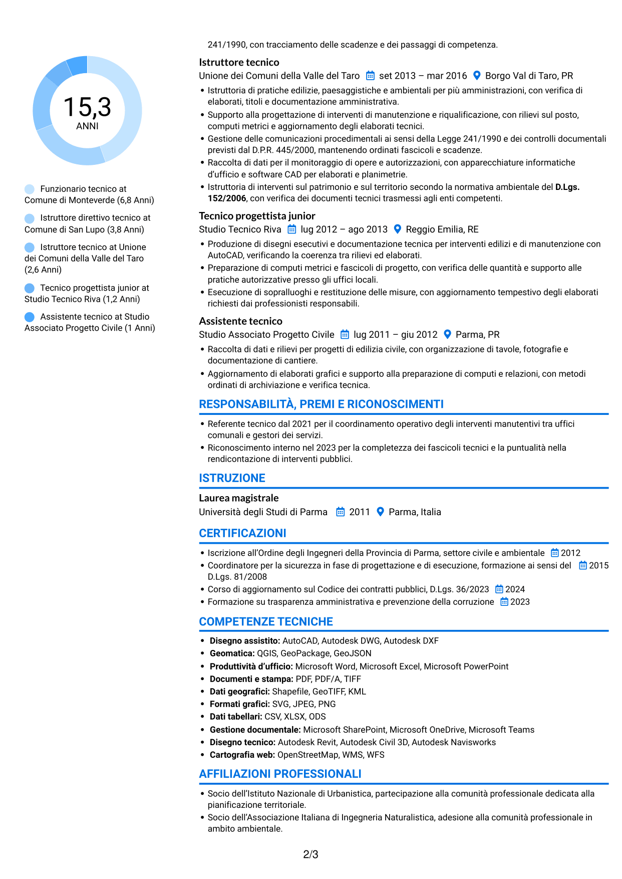 CV Audace (formato a due colonne con accenti colorati e foto): Funzionario tecnico - Opere pubbliche e urbanistica, pagina 2