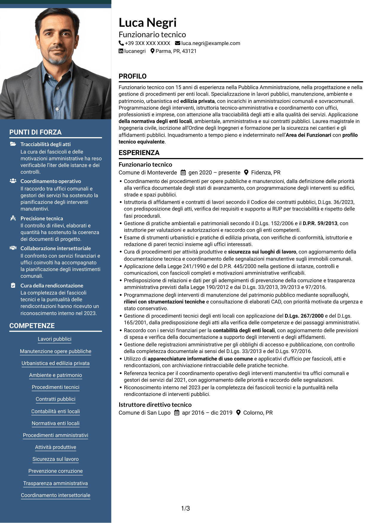 CV Signature (formato con colonna laterale colorata e foto grande): Funzionario tecnico - Opere pubbliche e urbanistica, pagina 1
