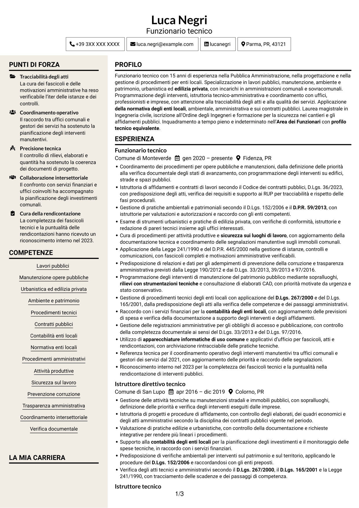 CV Intraprendente (formato a due colonne con intestazione centrata senza foto): Funzionario tecnico - Opere pubbliche e urbanistica, pagina 1