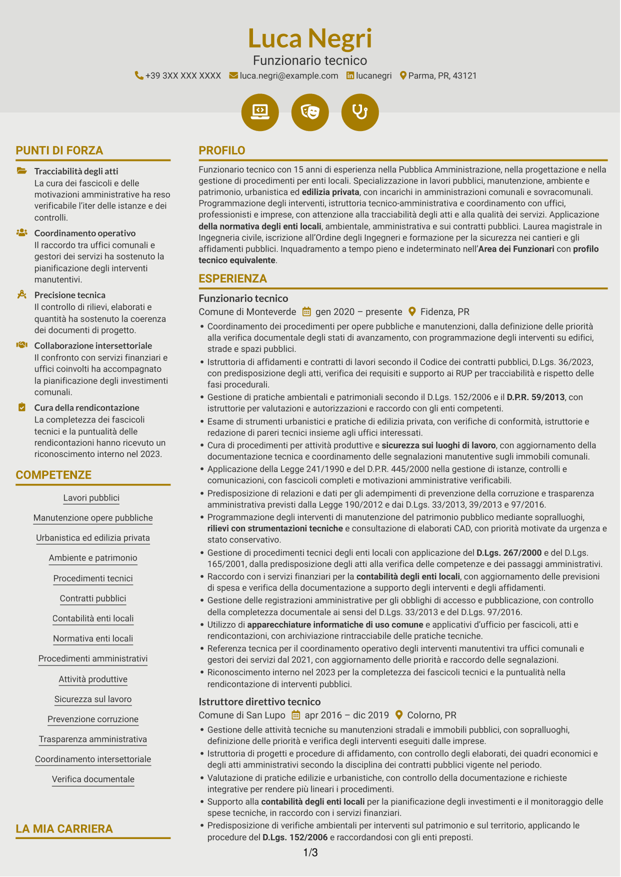 CV Dinamico (formato a due colonne con icone): Funzionario tecnico - Opere pubbliche e urbanistica, pagina 1