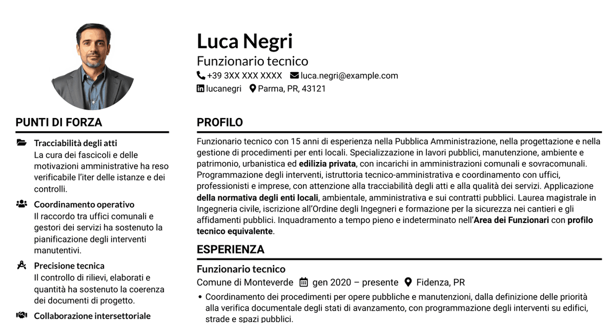 7 modelli di CV per Funzionario tecnico - Opere pubbliche e urbanistica, con esempi