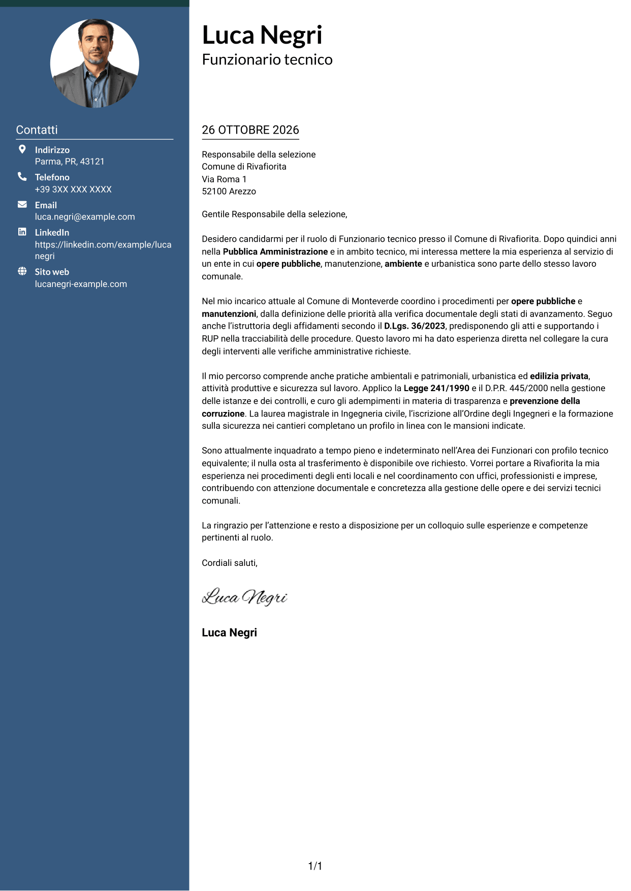 Lettera di presentazione Elegante (formato con colonna laterale colorata e foto): Funzionario tecnico - Opere pubbliche e urbanistica, pagina 1