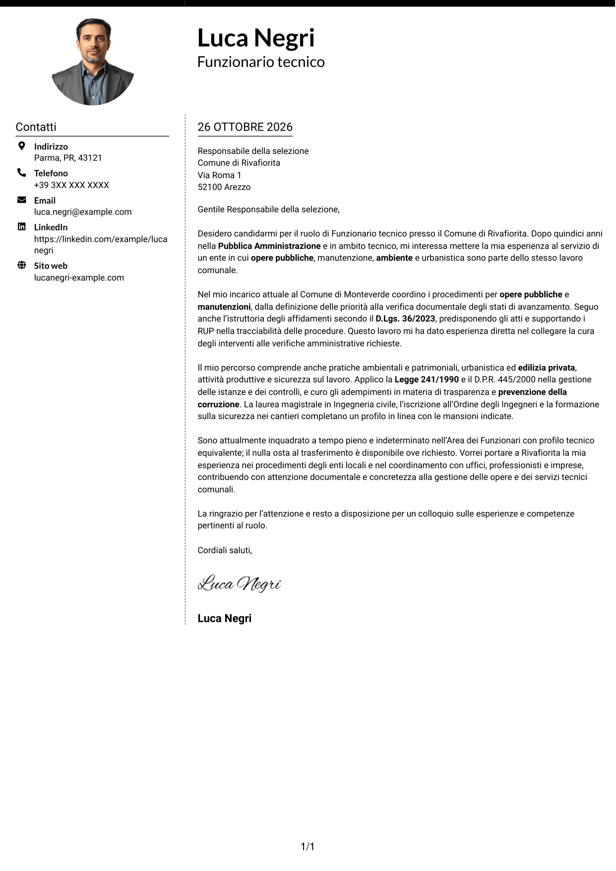 Lettera di presentazione Moderno (formato a due colonne con foto a sinistra e separatore): Funzionario tecnico - Opere pubbliche e urbanistica, pagina 1
