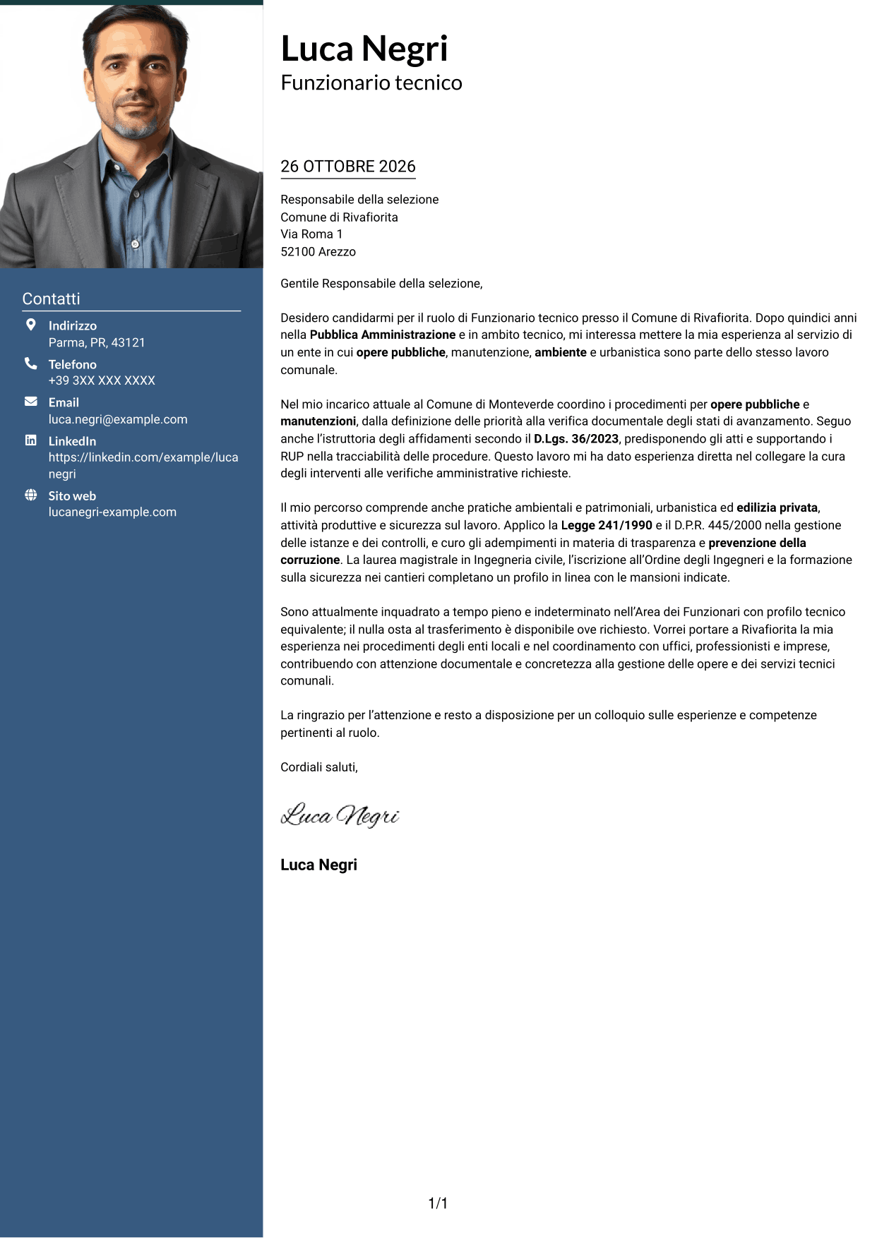 Lettera di presentazione Signature (formato con colonna laterale colorata e foto grande): Funzionario tecnico - Opere pubbliche e urbanistica, pagina 1