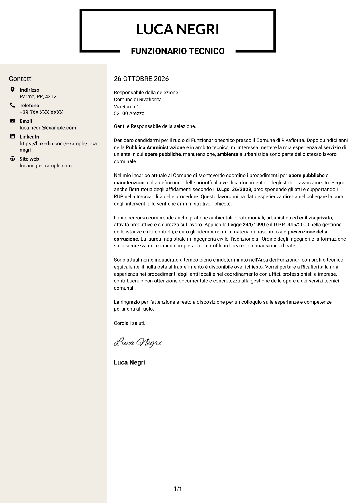 Lettera di presentazione Intraprendente (formato a due colonne con intestazione centrata senza foto): Funzionario tecnico - Opere pubbliche e urbanistica, pagina 1