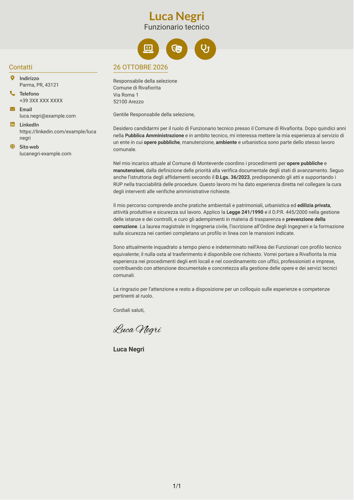 Lettera di presentazione Dinamico (formato a due colonne con icone): Funzionario tecnico - Opere pubbliche e urbanistica, pagina 1