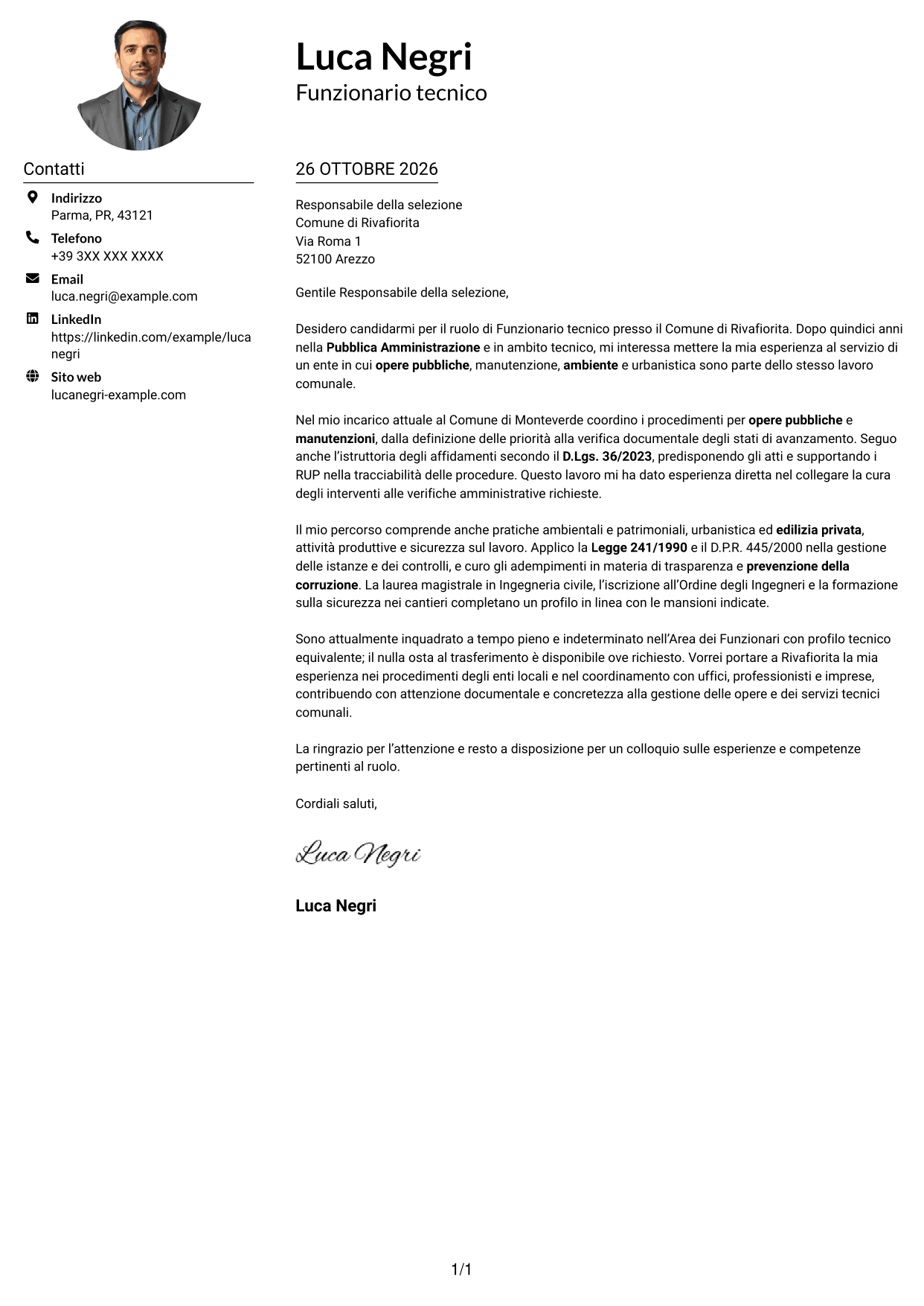 Esempio di lettera di presentazione — pagina 1