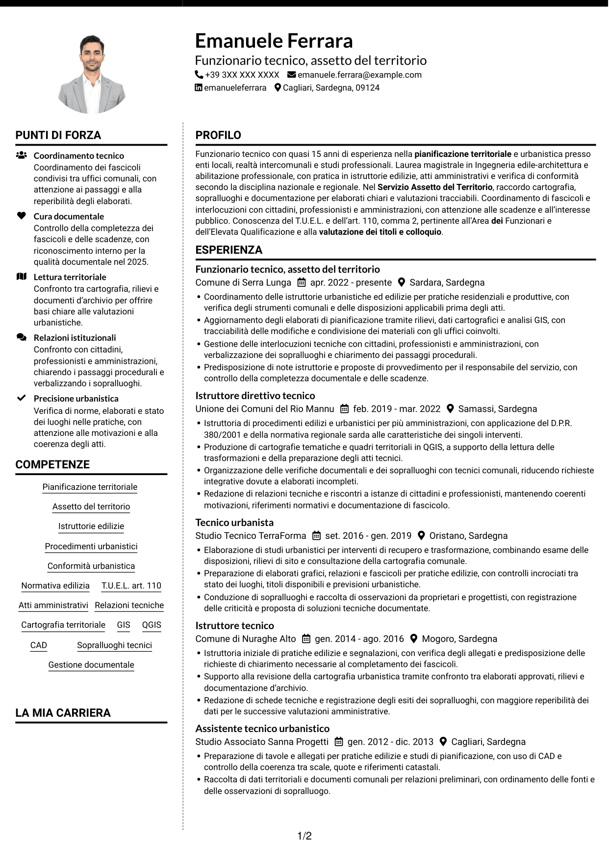 CV Moderno (formato a due colonne con foto a sinistra e separatore): Funzionario tecnico - Pianificazione territoriale, pagina 1
