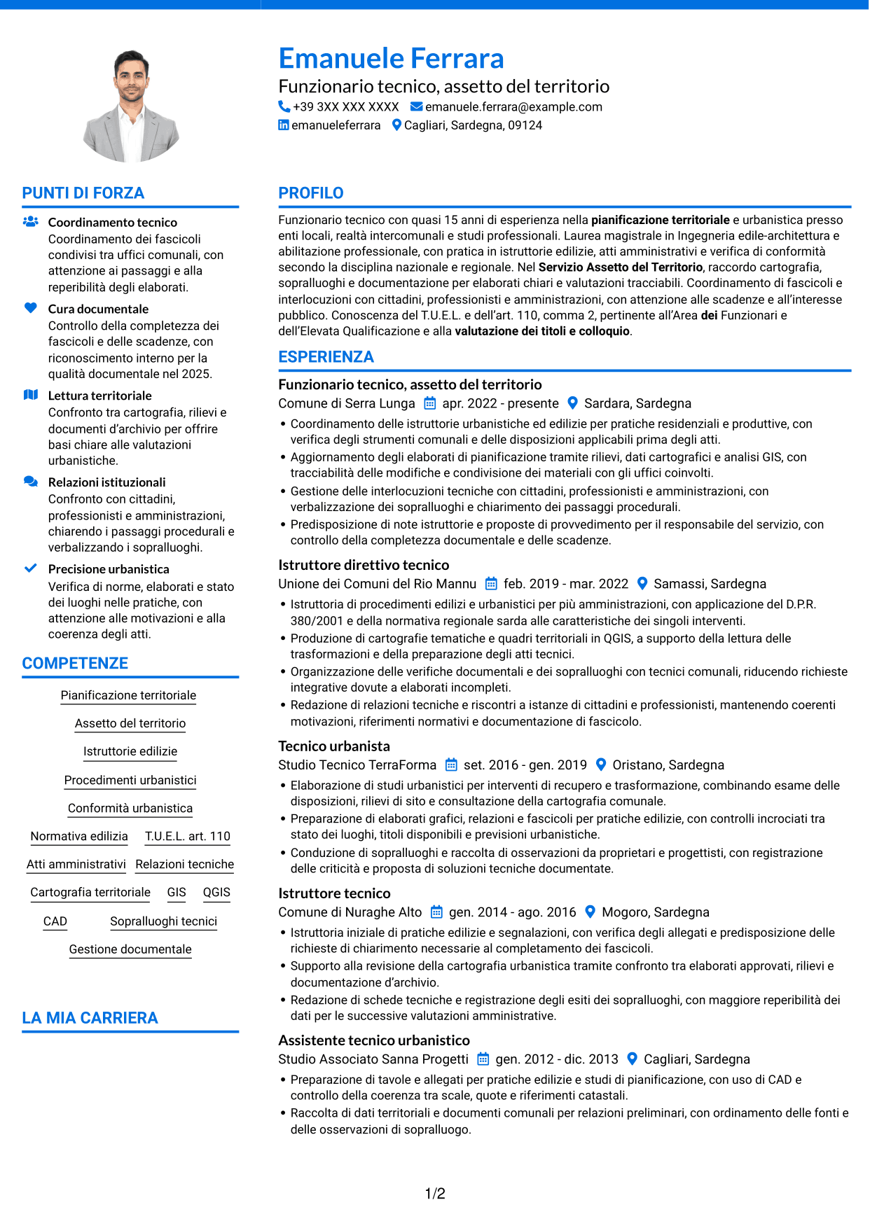 CV Audace (formato a due colonne con accenti colorati e foto): Funzionario tecnico - Pianificazione territoriale, pagina 1