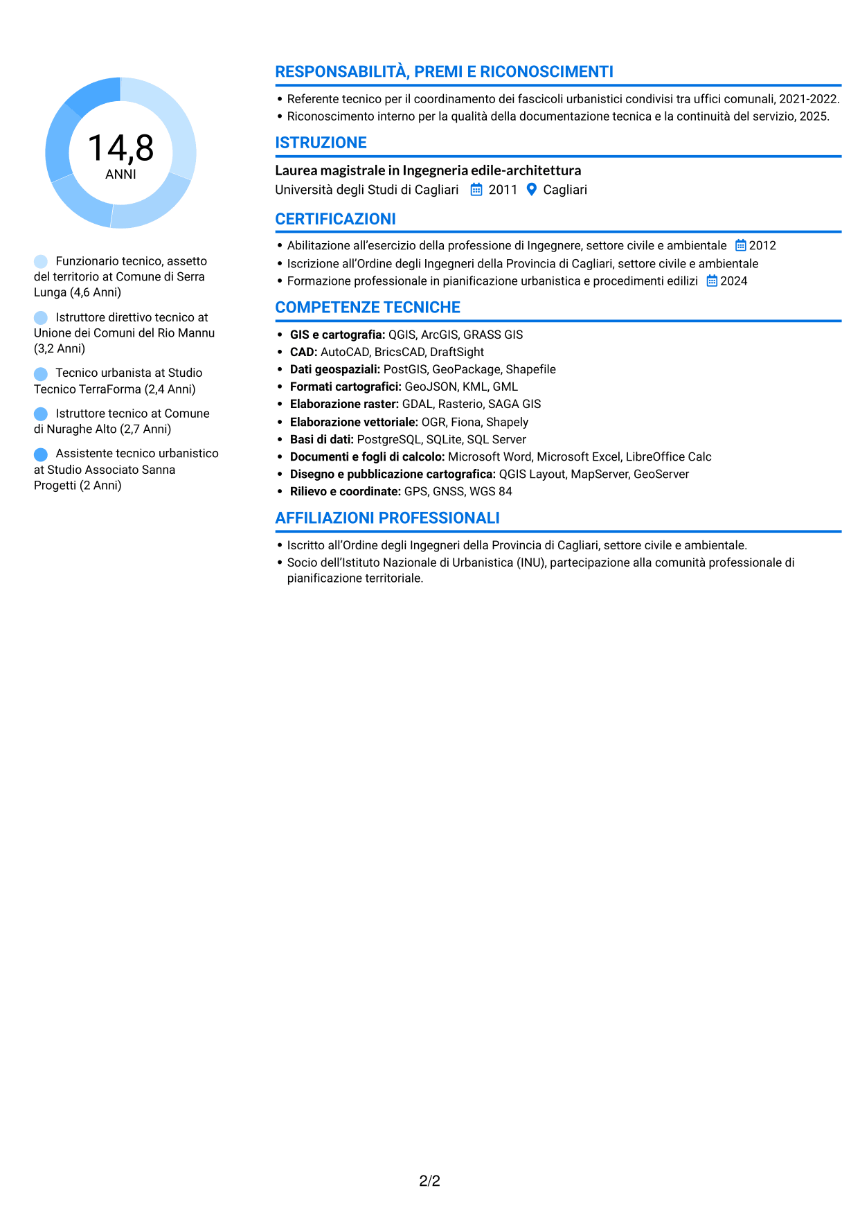 CV Audace (formato a due colonne con accenti colorati e foto): Funzionario tecnico - Pianificazione territoriale, pagina 2
