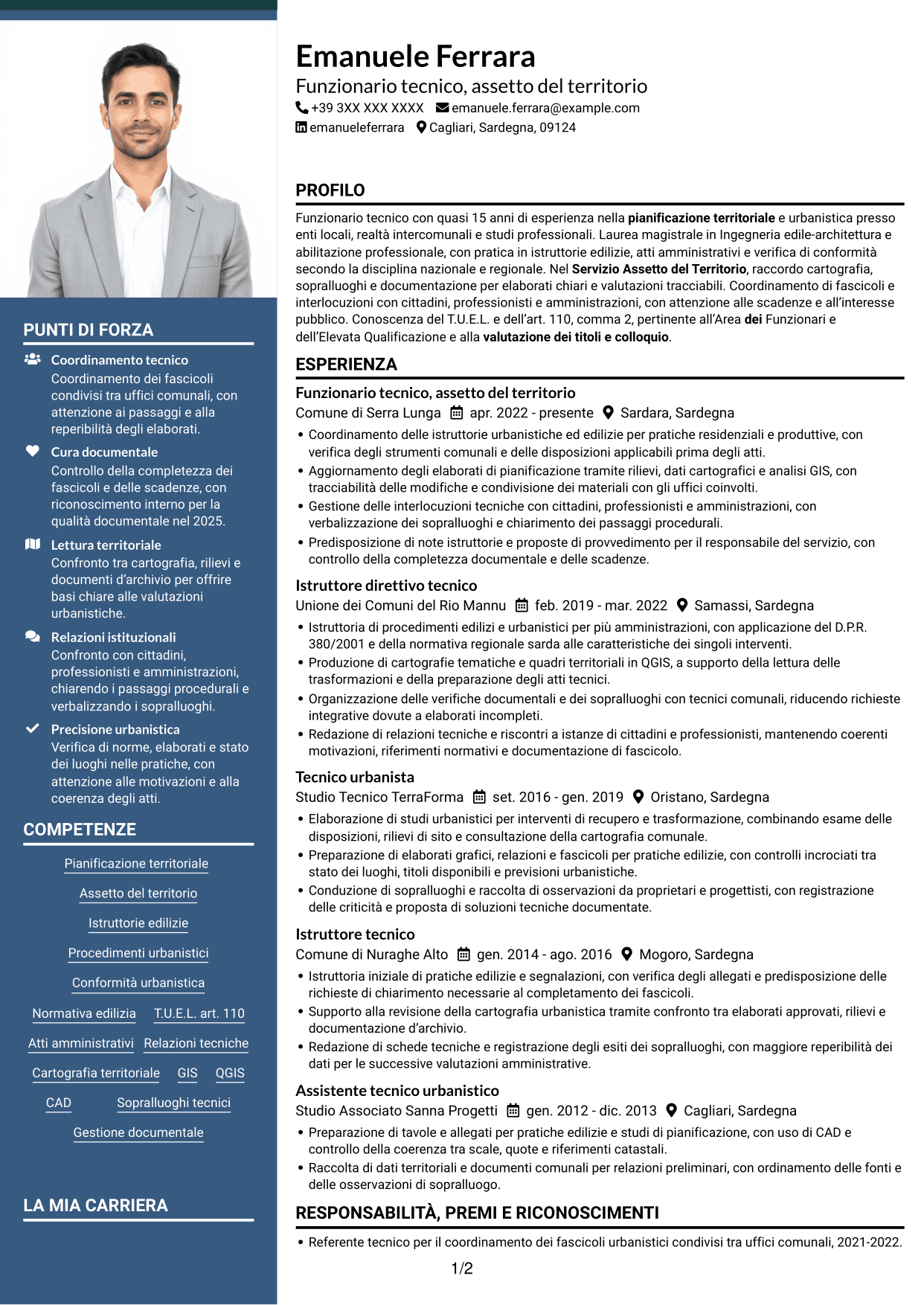 CV Signature (formato con colonna laterale colorata e foto grande): Funzionario tecnico - Pianificazione territoriale, pagina 1