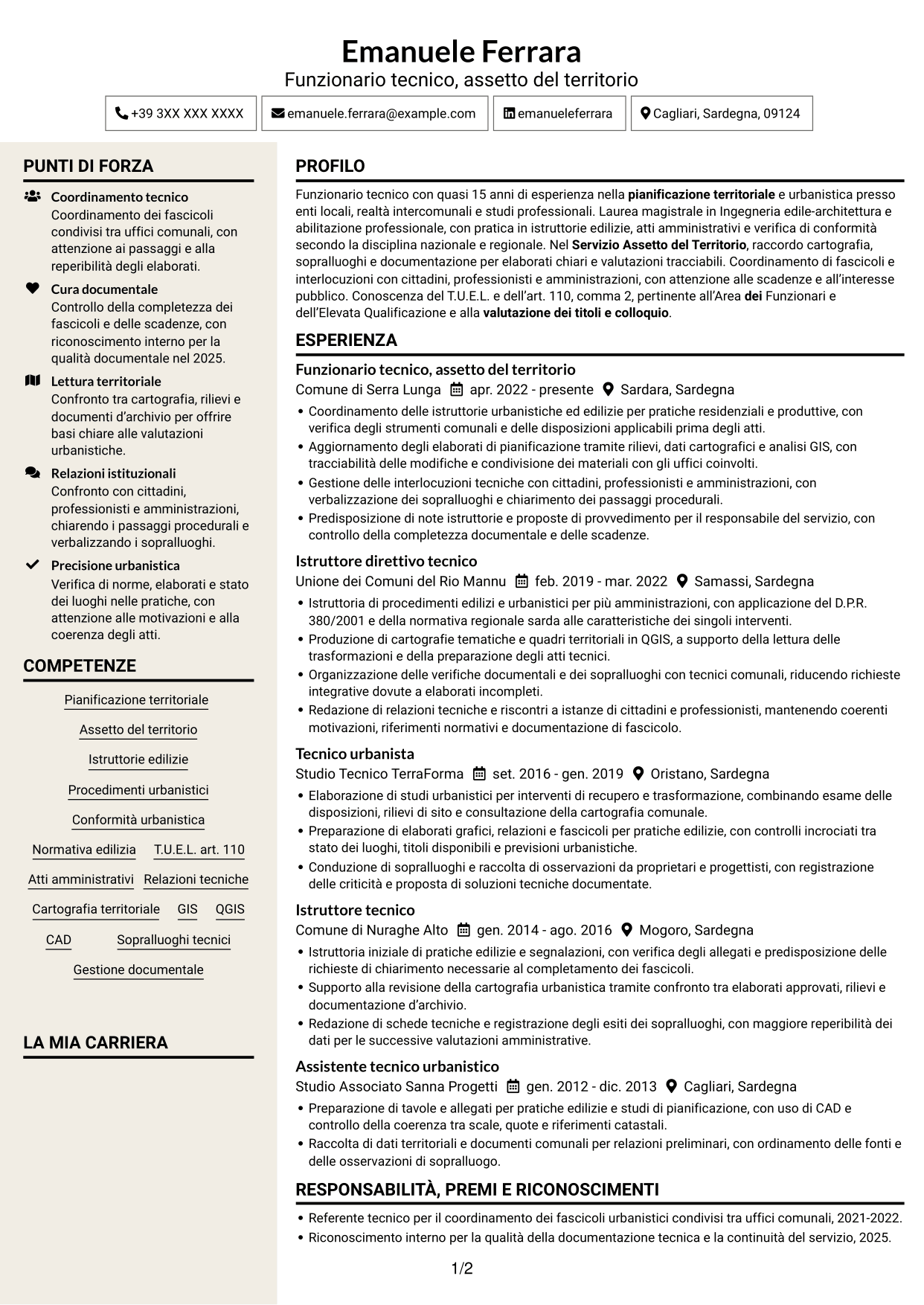 CV Intraprendente (formato a due colonne con intestazione centrata senza foto): Funzionario tecnico - Pianificazione territoriale, pagina 1